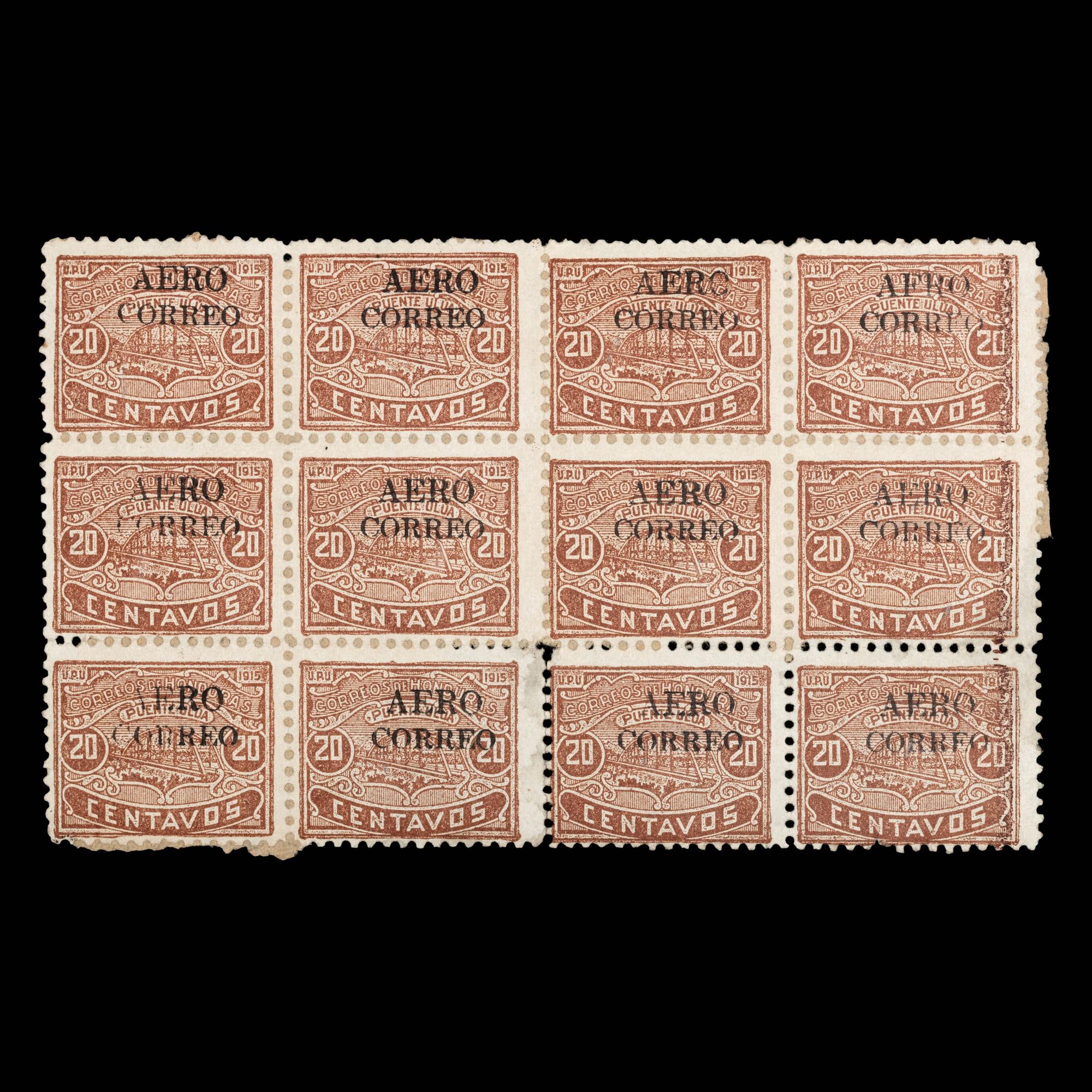 {PHILATELY} [SURCHARGE ERROR] HONDURAS. Airmail. 1925. 20c. Red-Brown with Black Surcharge (#C6 & C6d), Block of Twelve, The Error on Position 4 of Block with Surcharge Reading 'AFRO' Instead of 'AERO',