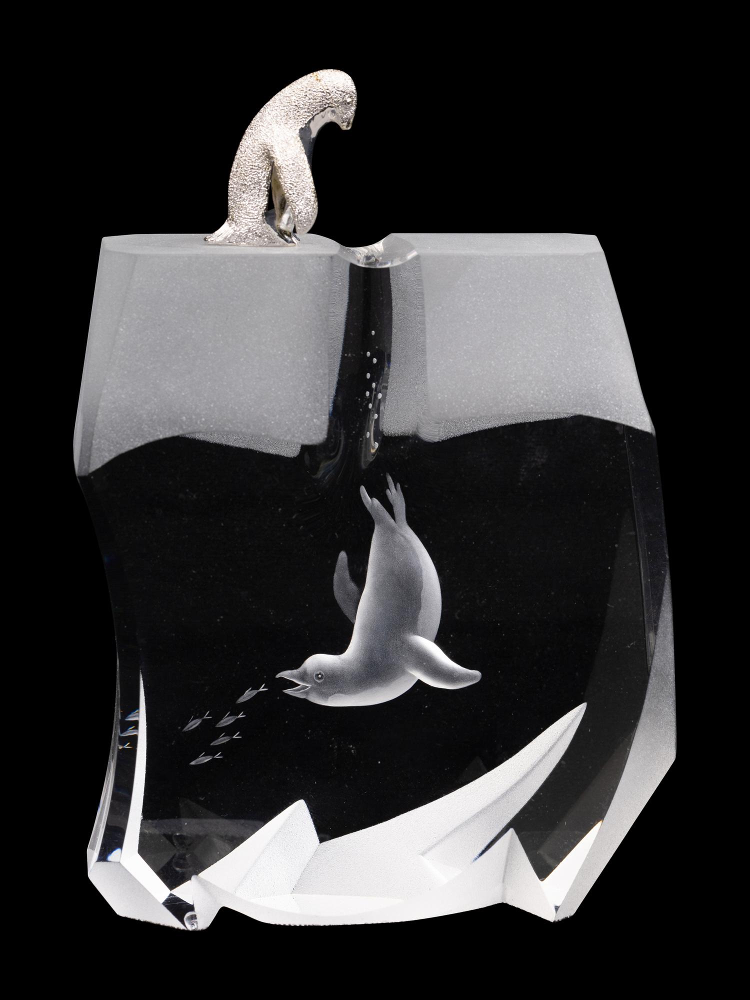 A Steuben Glass and Silver Ice Hunter Sculpture