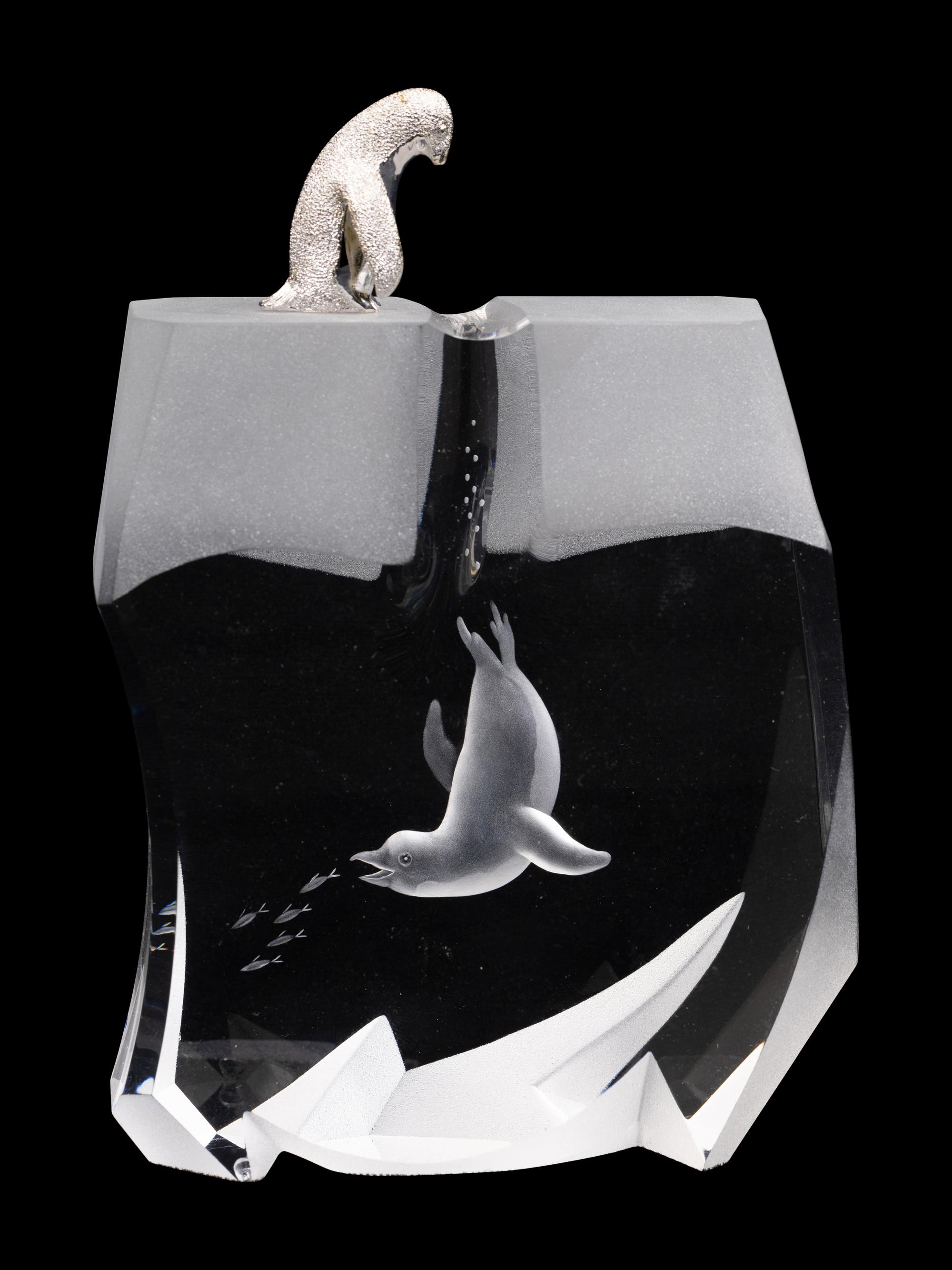 A Steuben Glass and Silver Ice Hunter Sculpture