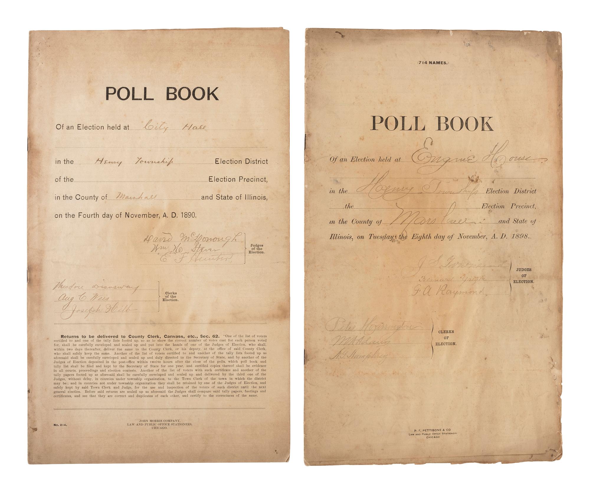 [WOMEN'S SUFFRAGE]. Very early women's ballot list. [Illinois], 5 April 1898. [ With :] Illinois register of electors. Henry Township, Marshall County, Illinois, 1890-1900.