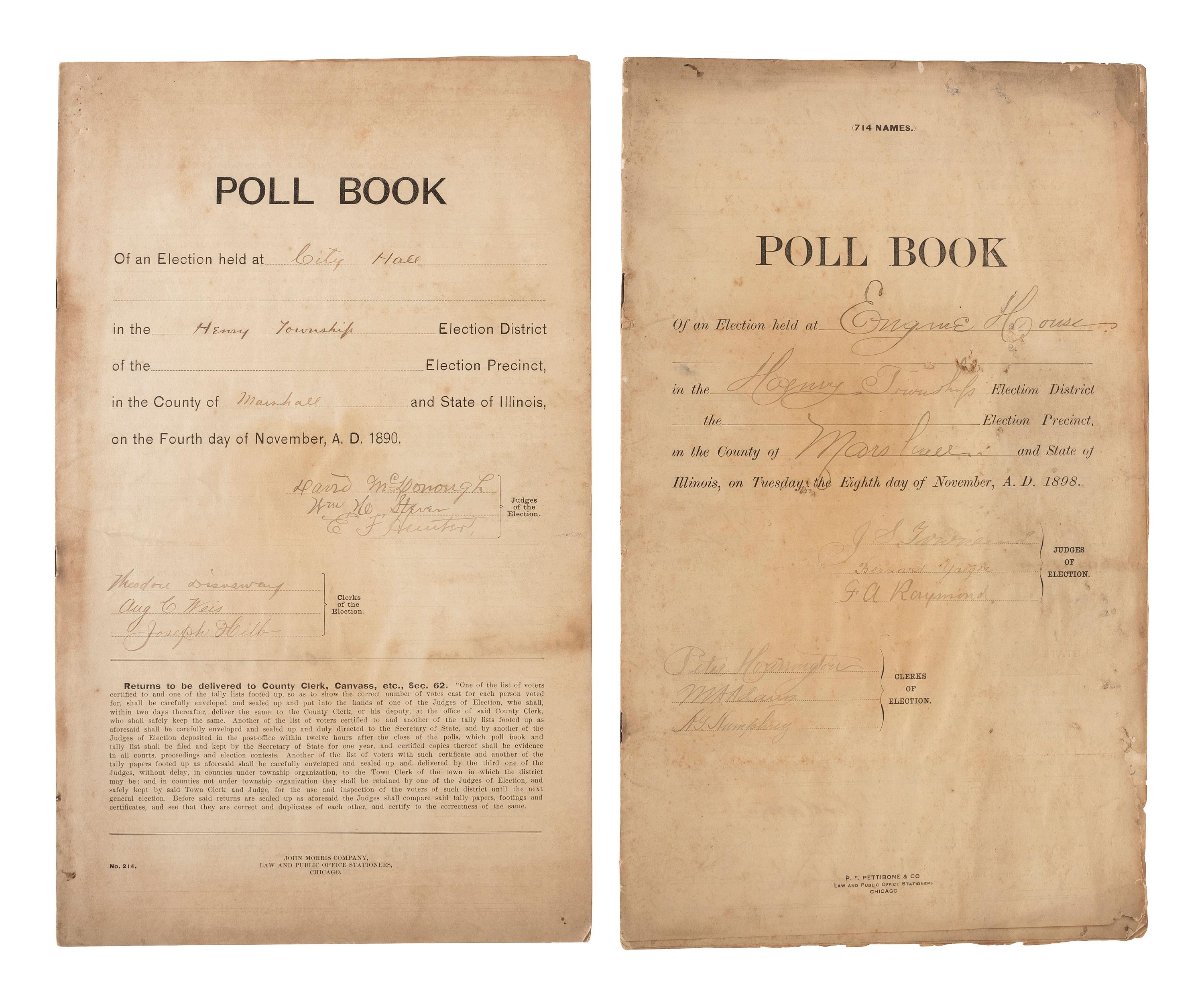 [WOMEN'S SUFFRAGE]. Very early women's ballot list. [Illinois], 5 April 1898. [ With :] Illinois register of electors. Henry Township, Marshall County, Illinois, 1890-1900.
