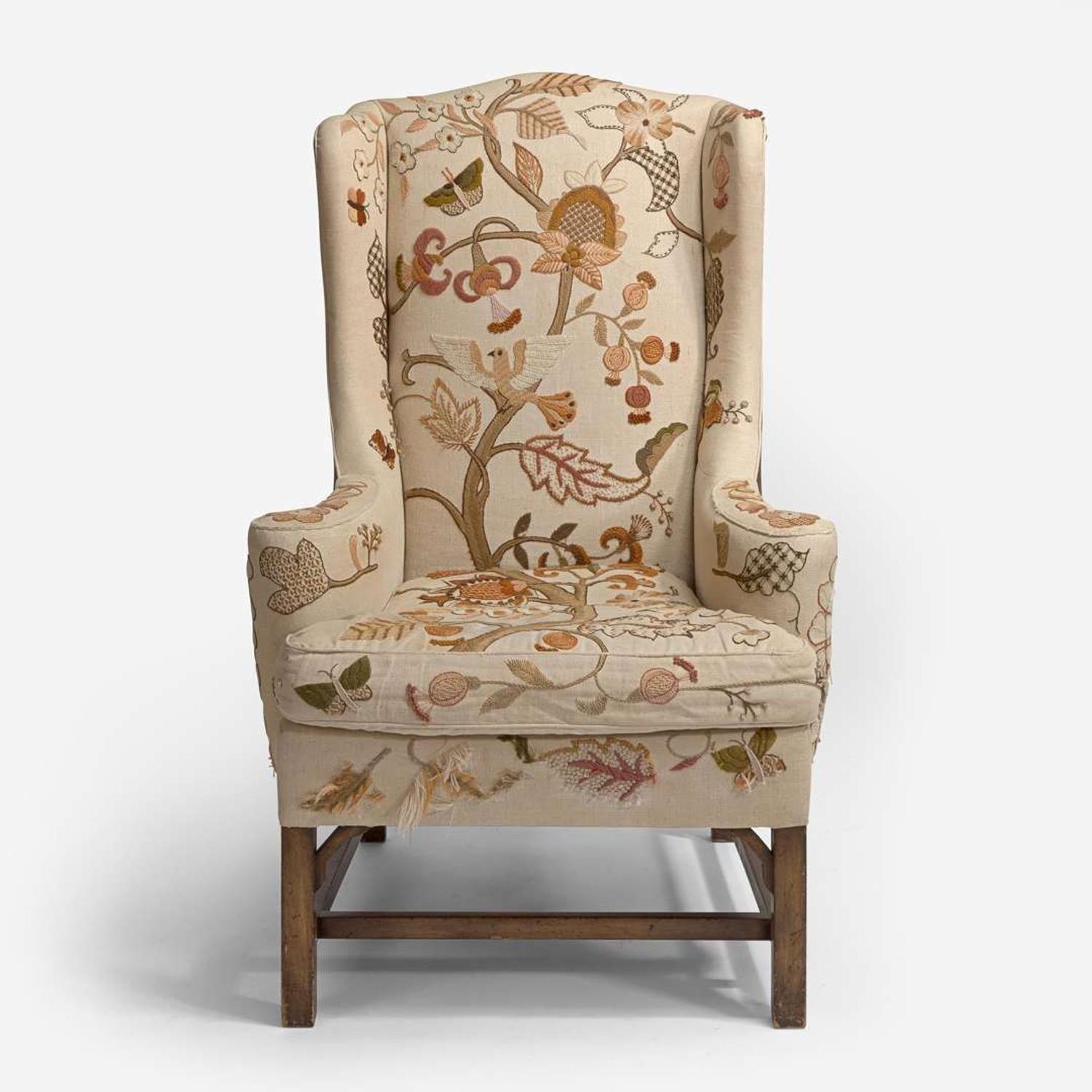 With Embroidered Upholstery by Erica Wilson (American, 1928-2011) George III Style Wing Chair, USA, 20th century