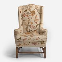 With Embroidered Upholstery by Erica Wilson (American, 1928-2011) George III Style Wing Chair, USA, 20th century