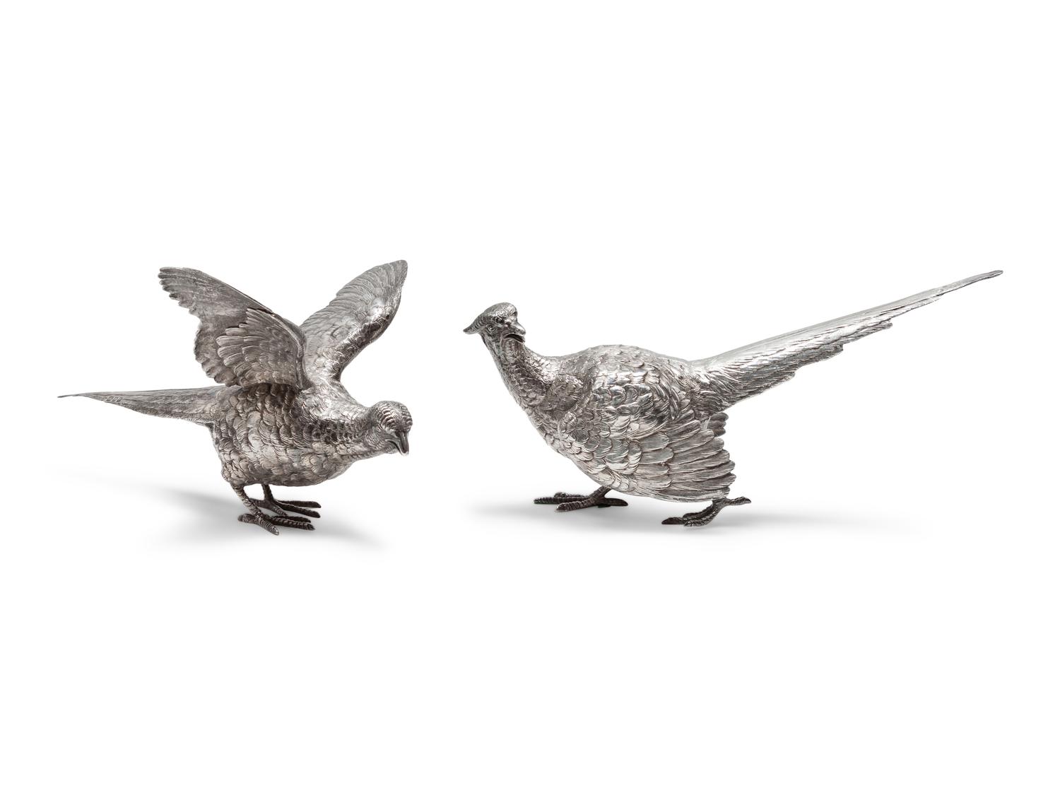 A Pair of English Silver Pheasant Table Ornaments