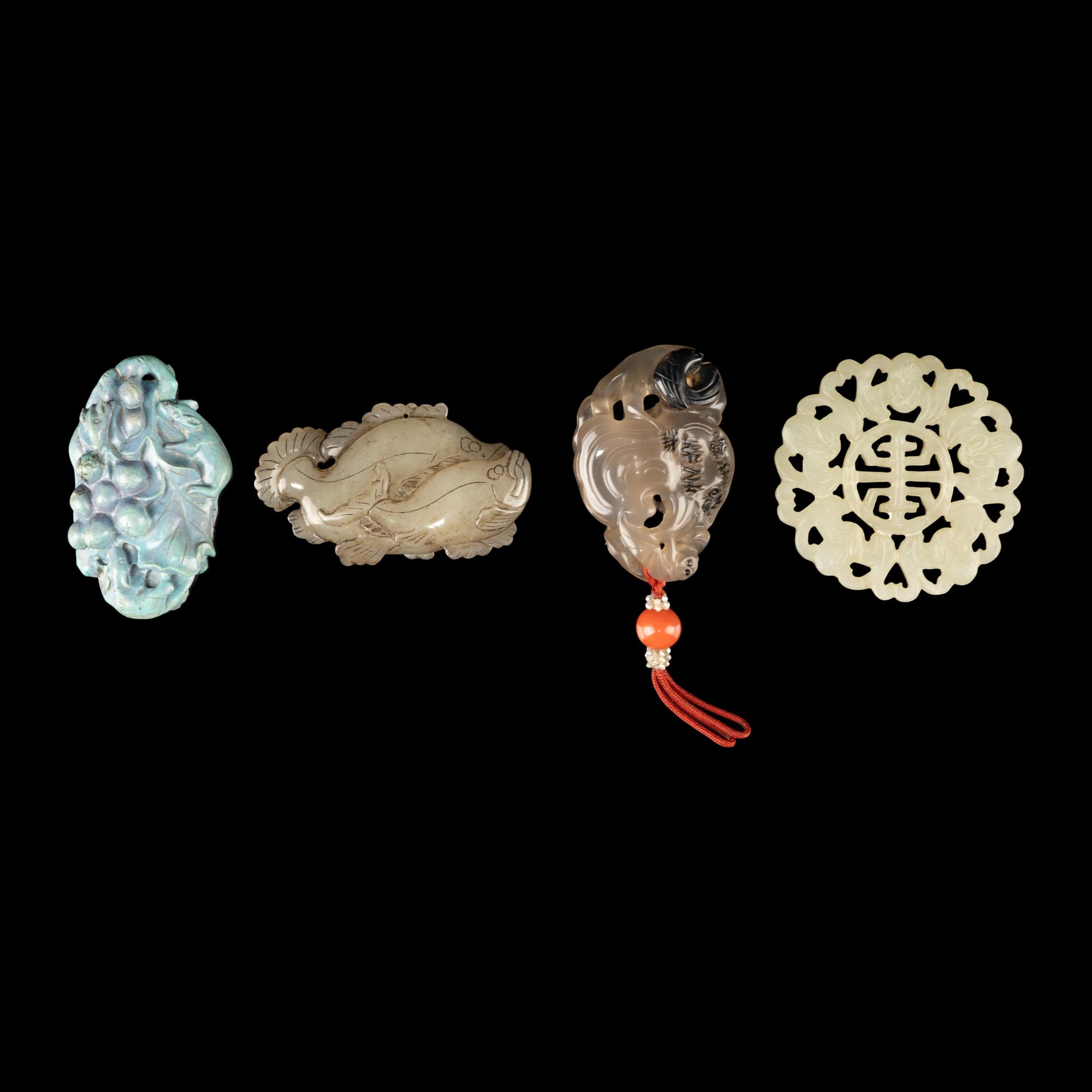 Four Chinese Precious Stone Carvings, 20th Century — 近代 松石、瑪瑙、黃玉把件四枚