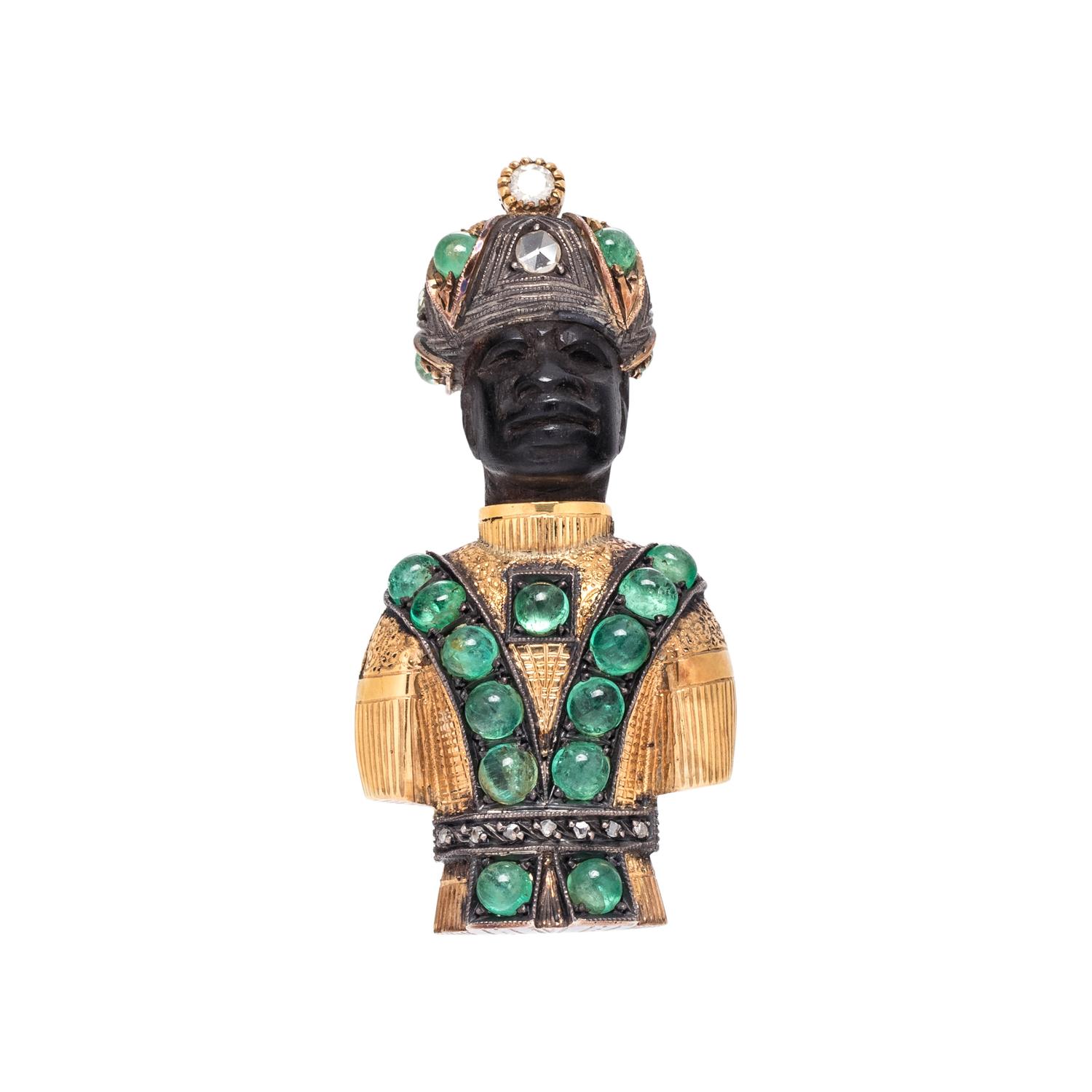 YELLOW GOLD, EMERALD AND DIAMOND MORETTO BROOCH