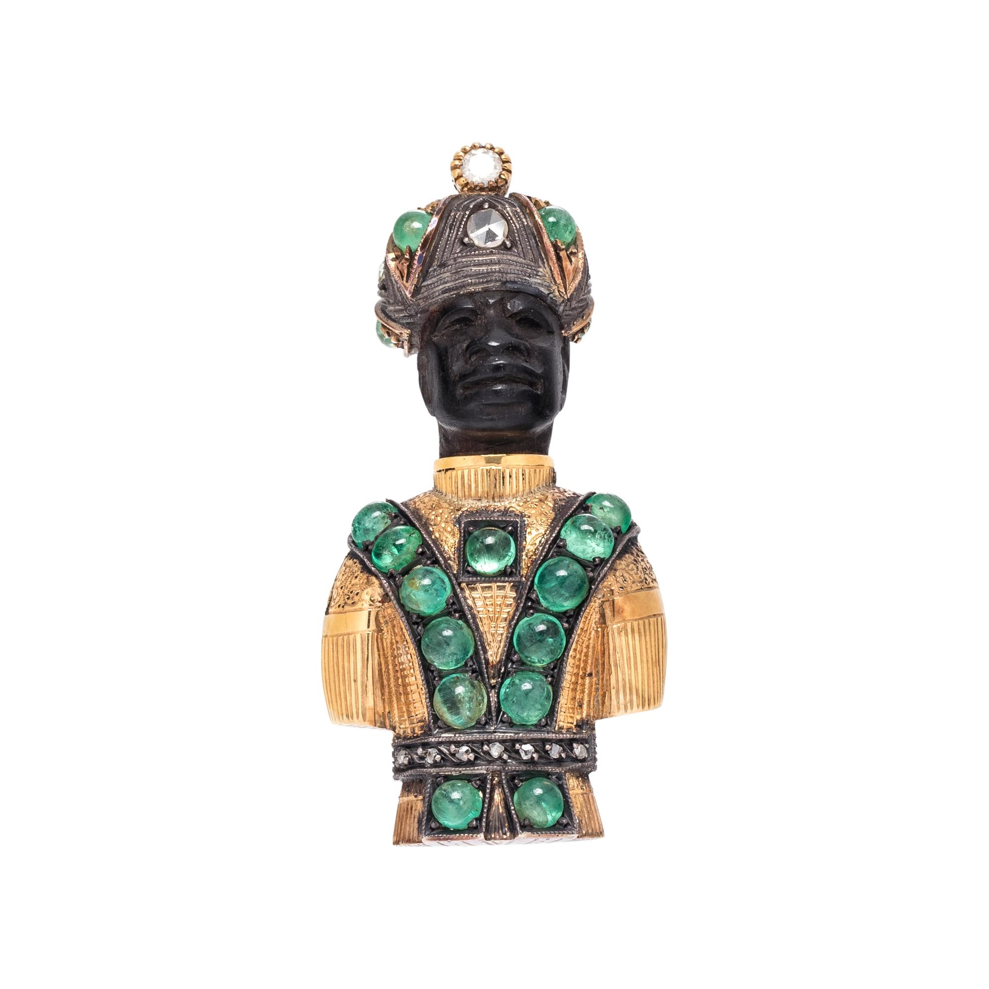 YELLOW GOLD, EMERALD AND DIAMOND MORETTO BROOCH