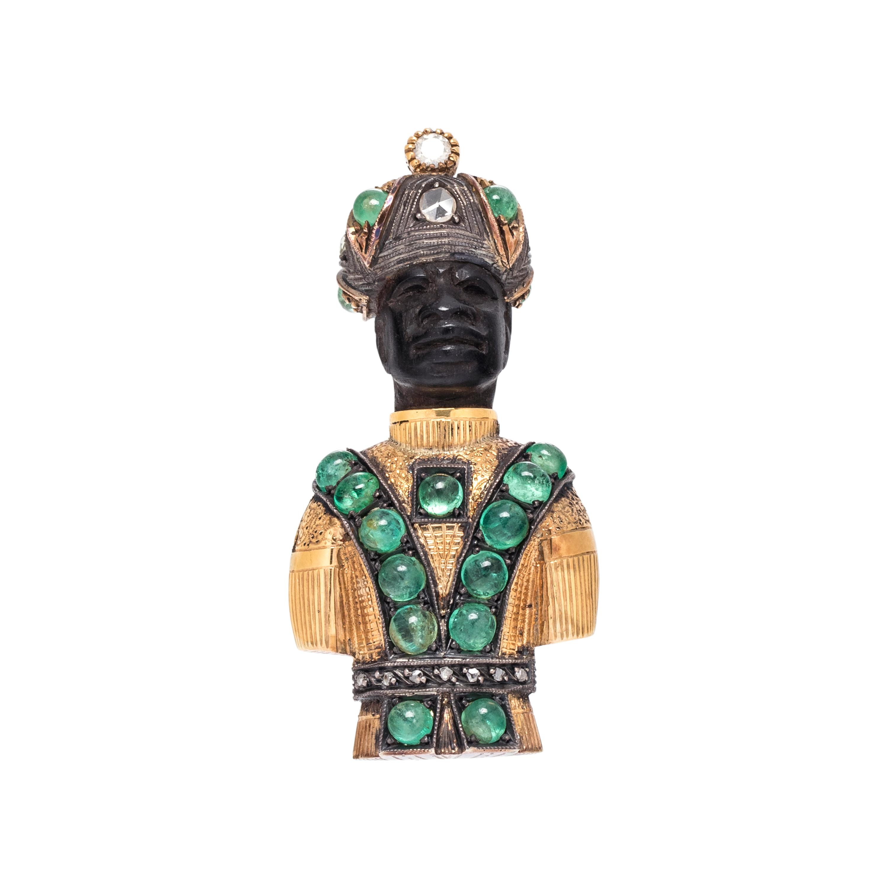 YELLOW GOLD, EMERALD AND DIAMOND MORETTO BROOCH