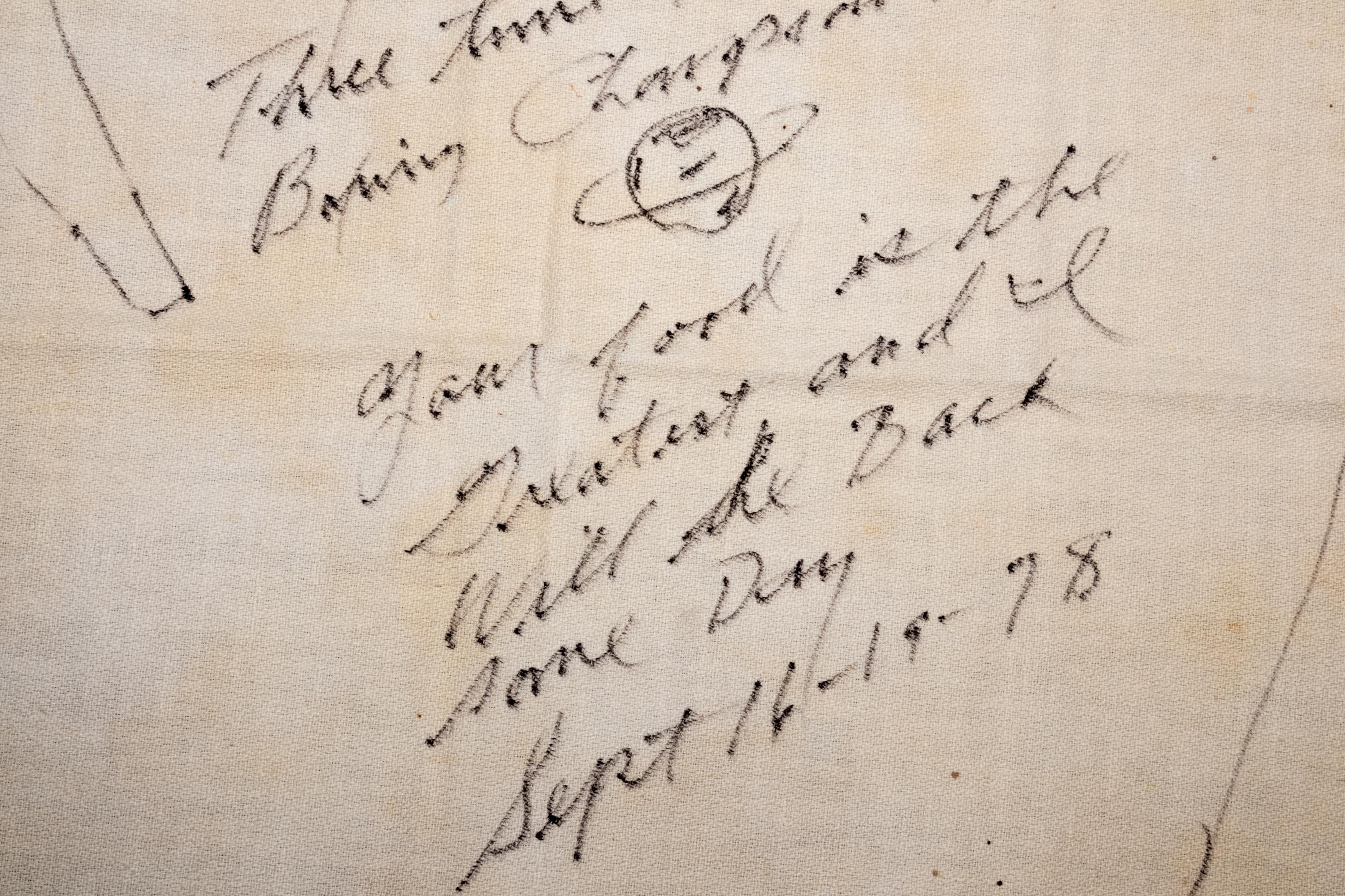 A Muhammad Ali Signed Autograph Drawing of a Boxing Glove Gifted to New Orleans Restaurant The Day After Second Leon Spinks Fight In 1978,