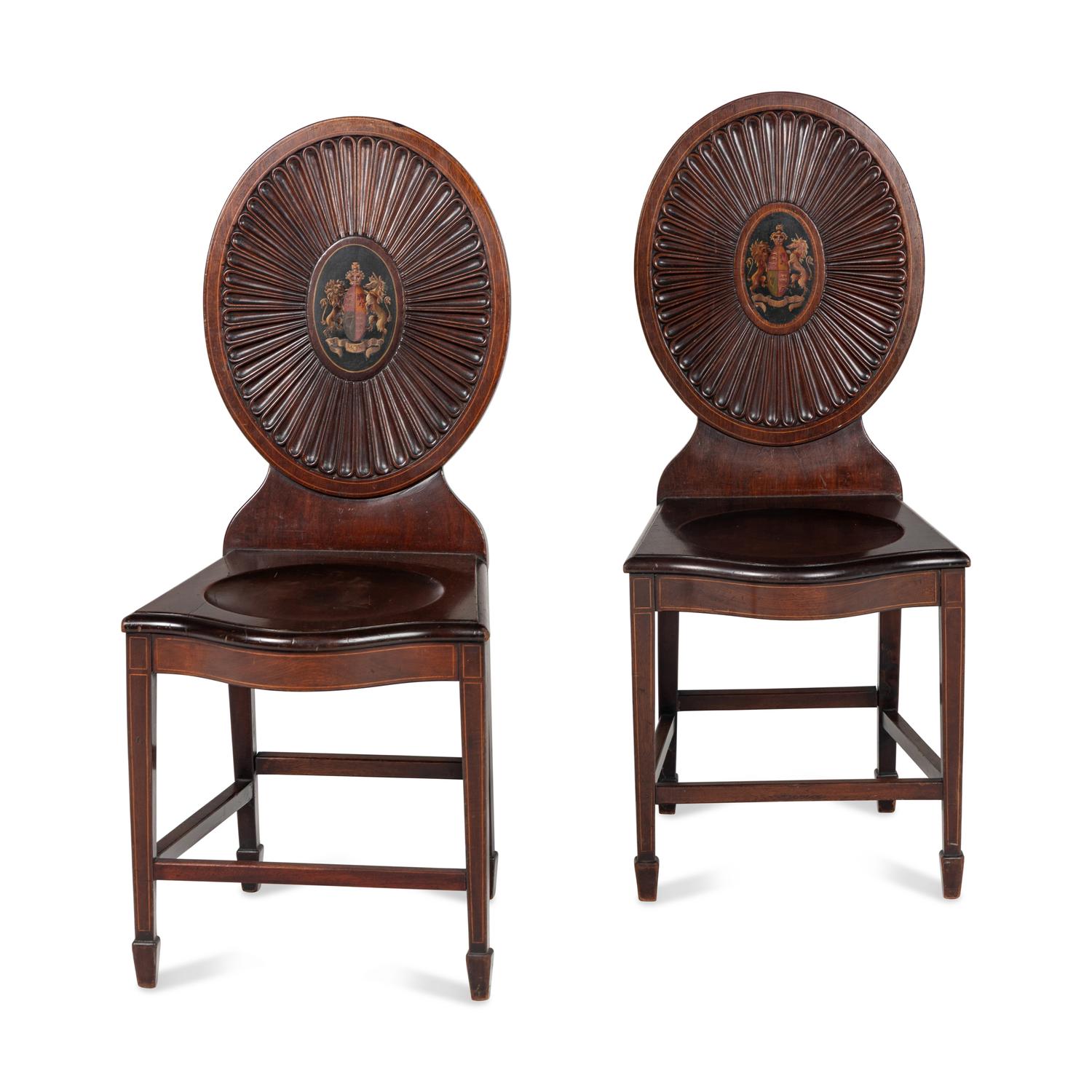 A Pair of Regency Style Mahogany and Polychrome Decorated Hall Chairs