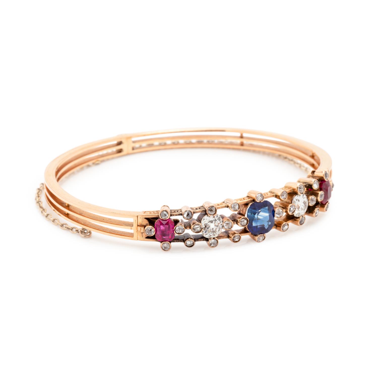 ANTIQUE, SAPPHIRE, DIAMOND AND RUBY BANGLE BRACELET