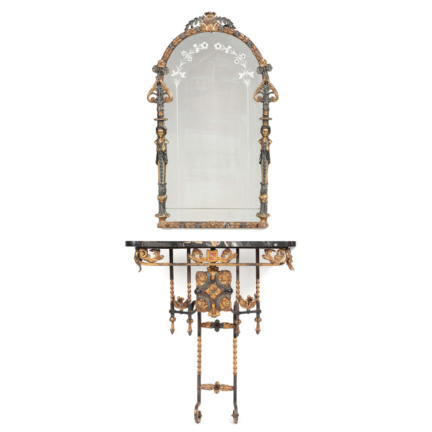 An Iron and Marble Console Table and Mirror, Attributed to Oscar Bach