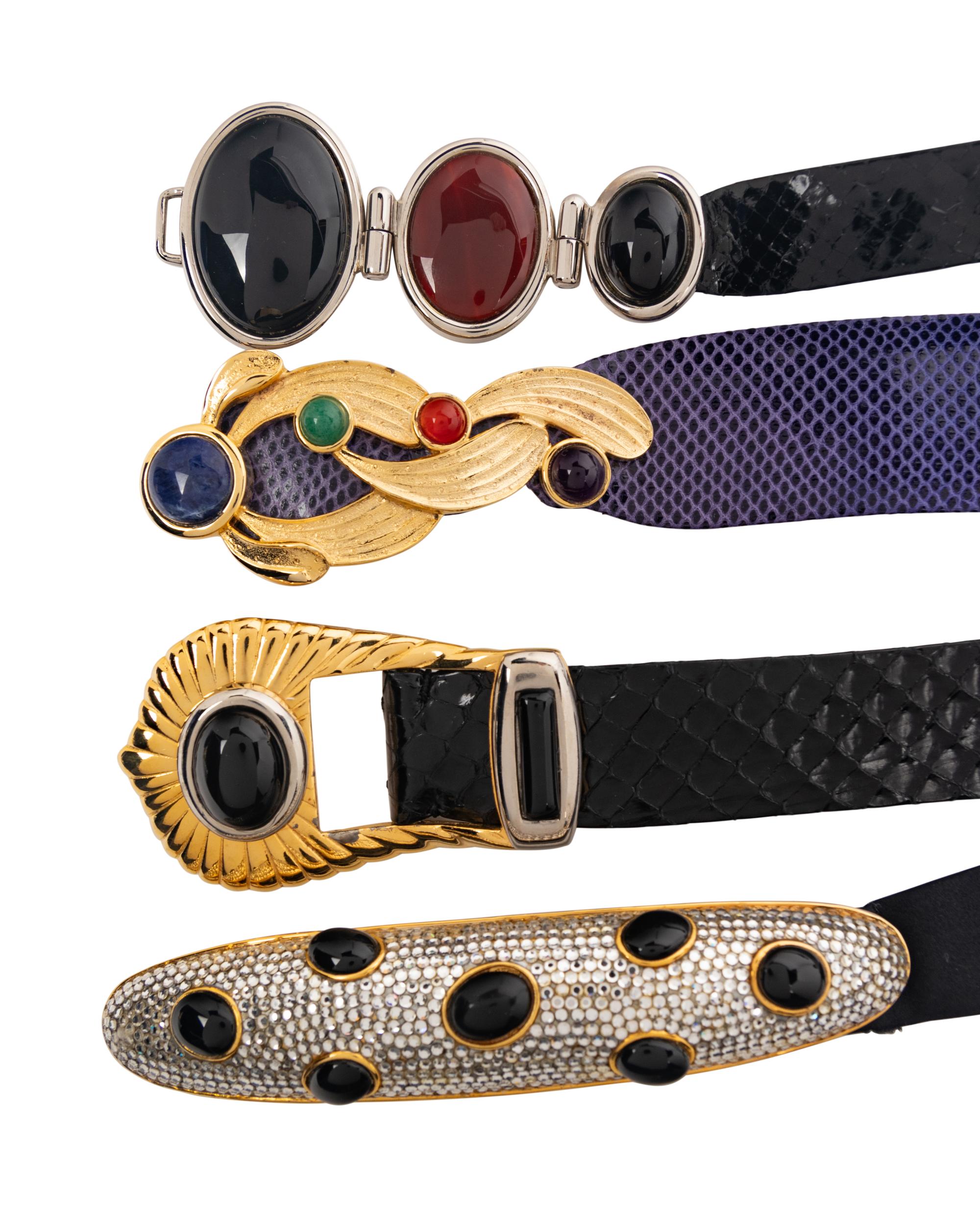 Six Judith Leiber Items: Snakeskin Bag, Metal Minaudière, and Four Belts