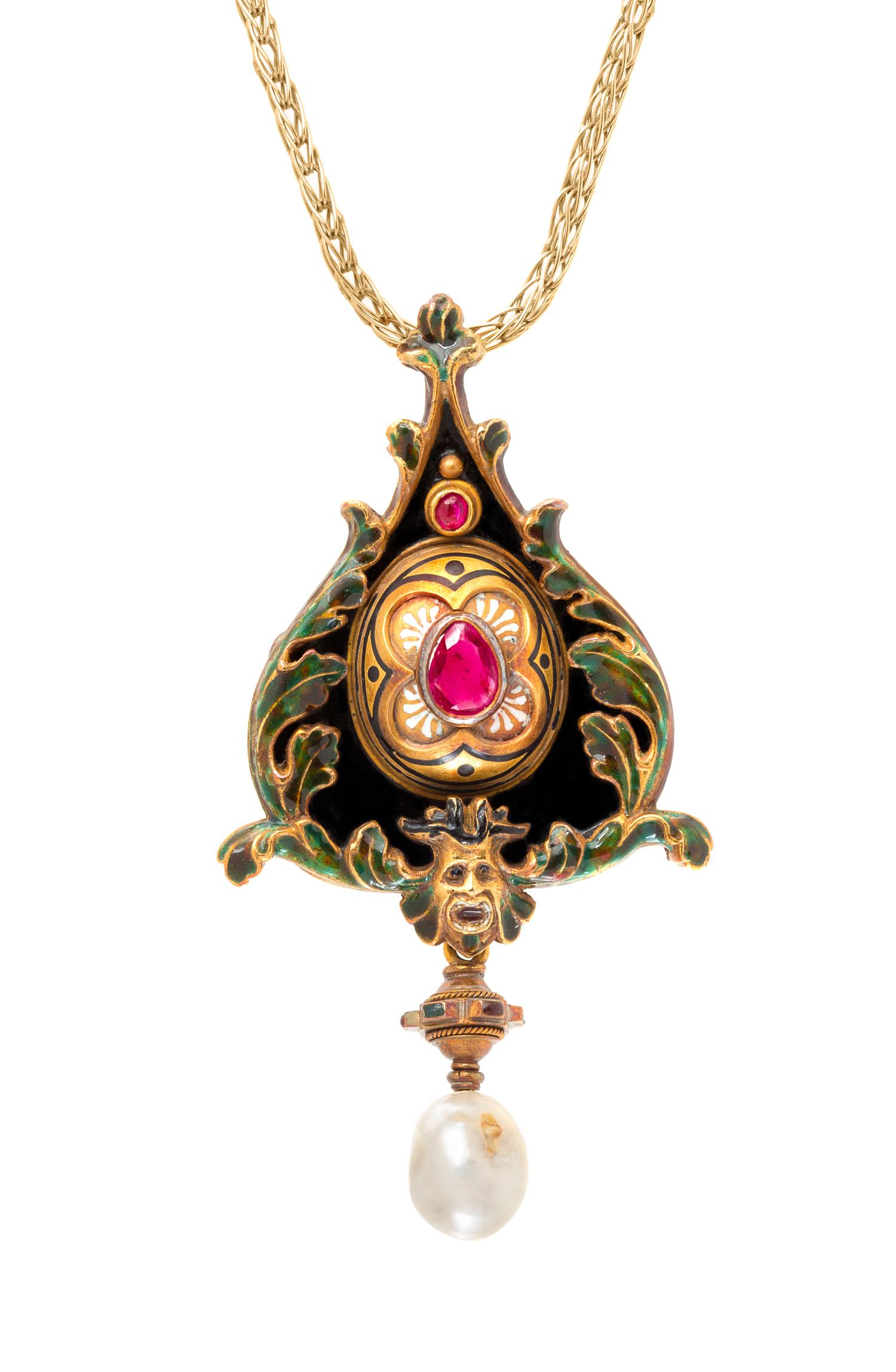 A Fine Renaissance Revival Gold, Silver, Multi Gem and Polychrome Enamel Pendant, Augusto Castellani, Circa 1860, 26.40 dwts.