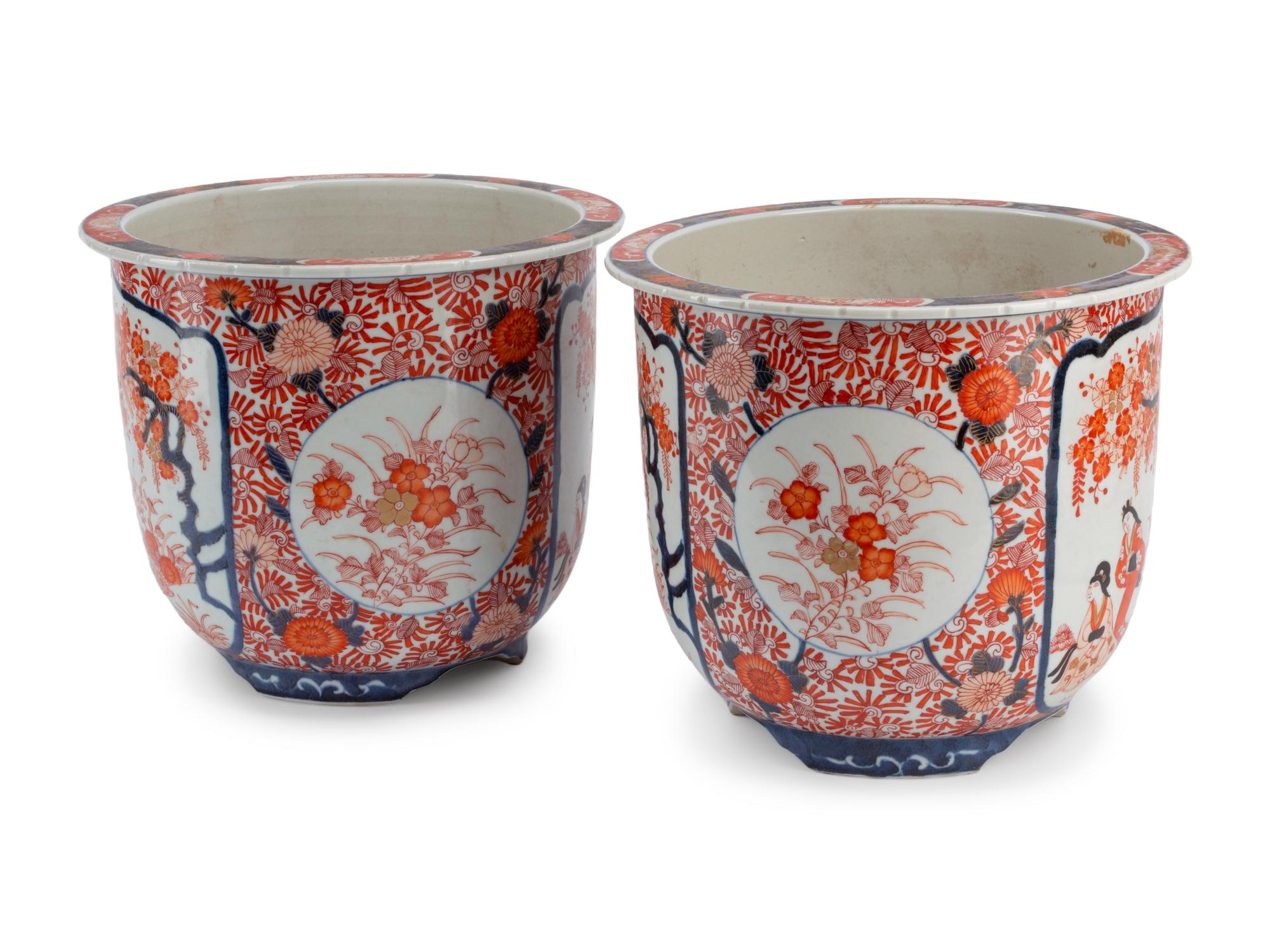 A Pair of Imari Palette Porcelain Jardinières