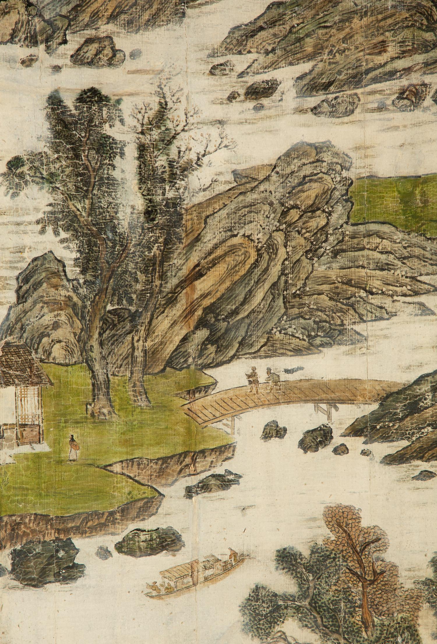 A Chinese Six-Panel Grey and Polychromed Lacquer Screen — 20th Century
