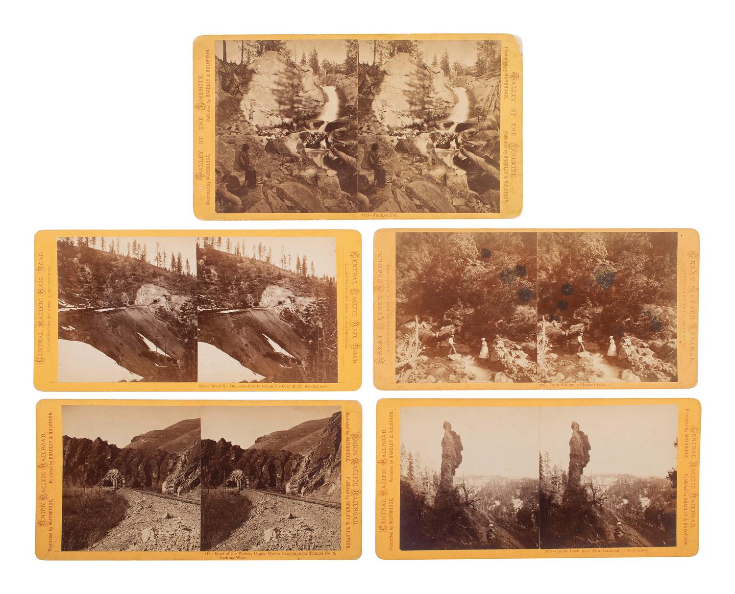 [WESTERN AMERICANA]. MUYBRIDGE, Eadweard (1830-1904), photographer. A group of 9 stereoviews of railroad and landscape views. San Francisco, CA: Bradley & Rulofson.