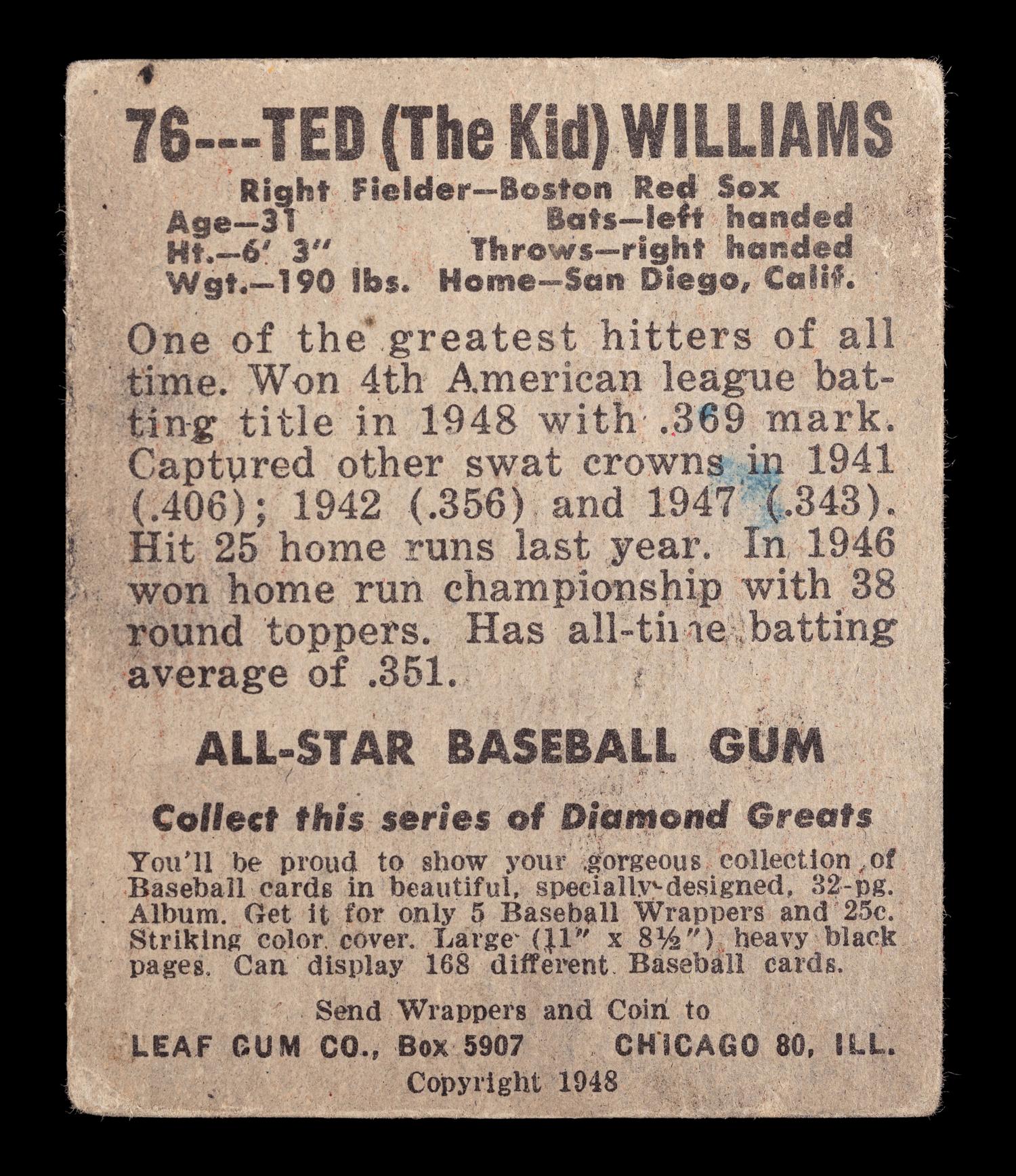 A 1948 Leaf Ted Williams Baseball Card No. 76 (PSA Authentic),