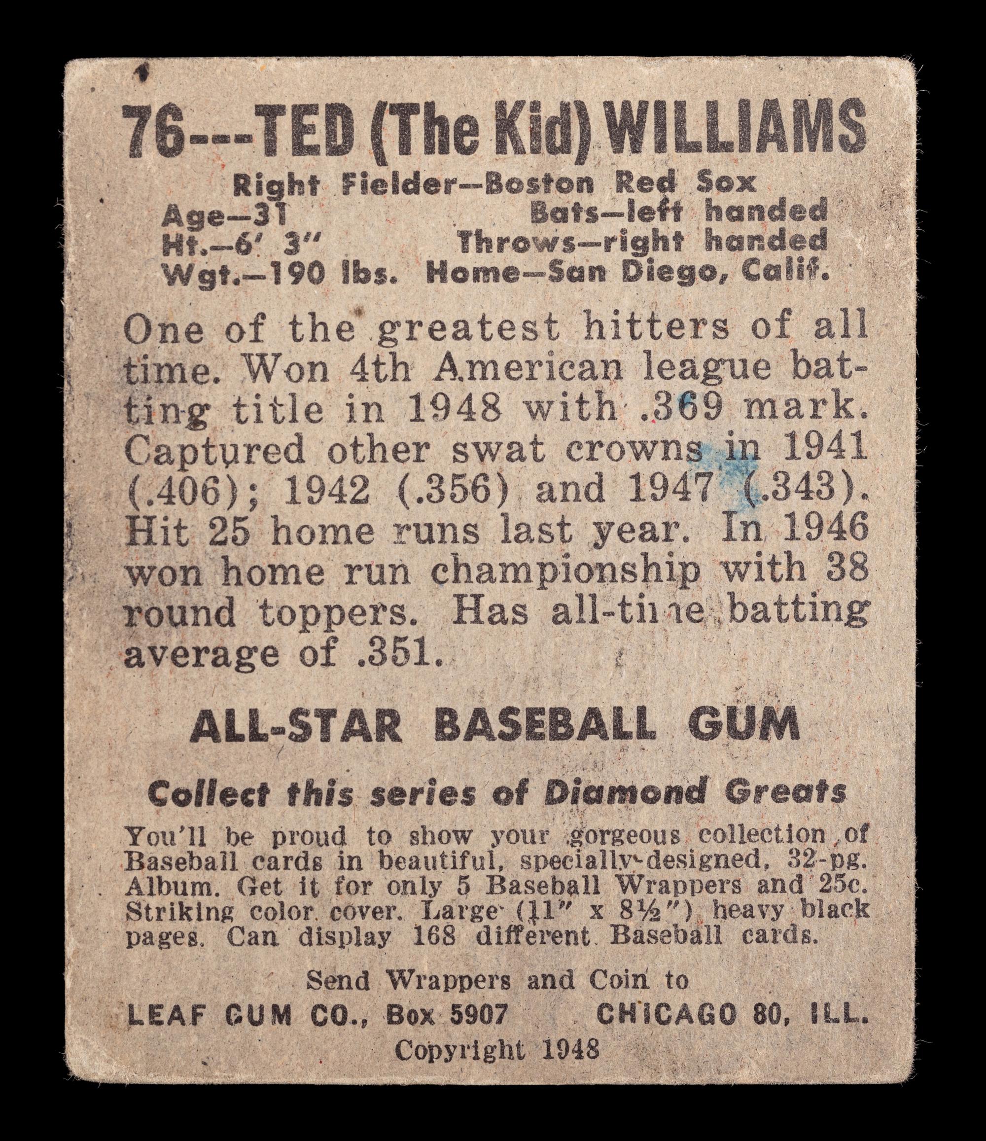A 1948 Leaf Ted Williams Baseball Card No. 76 (PSA Authentic),