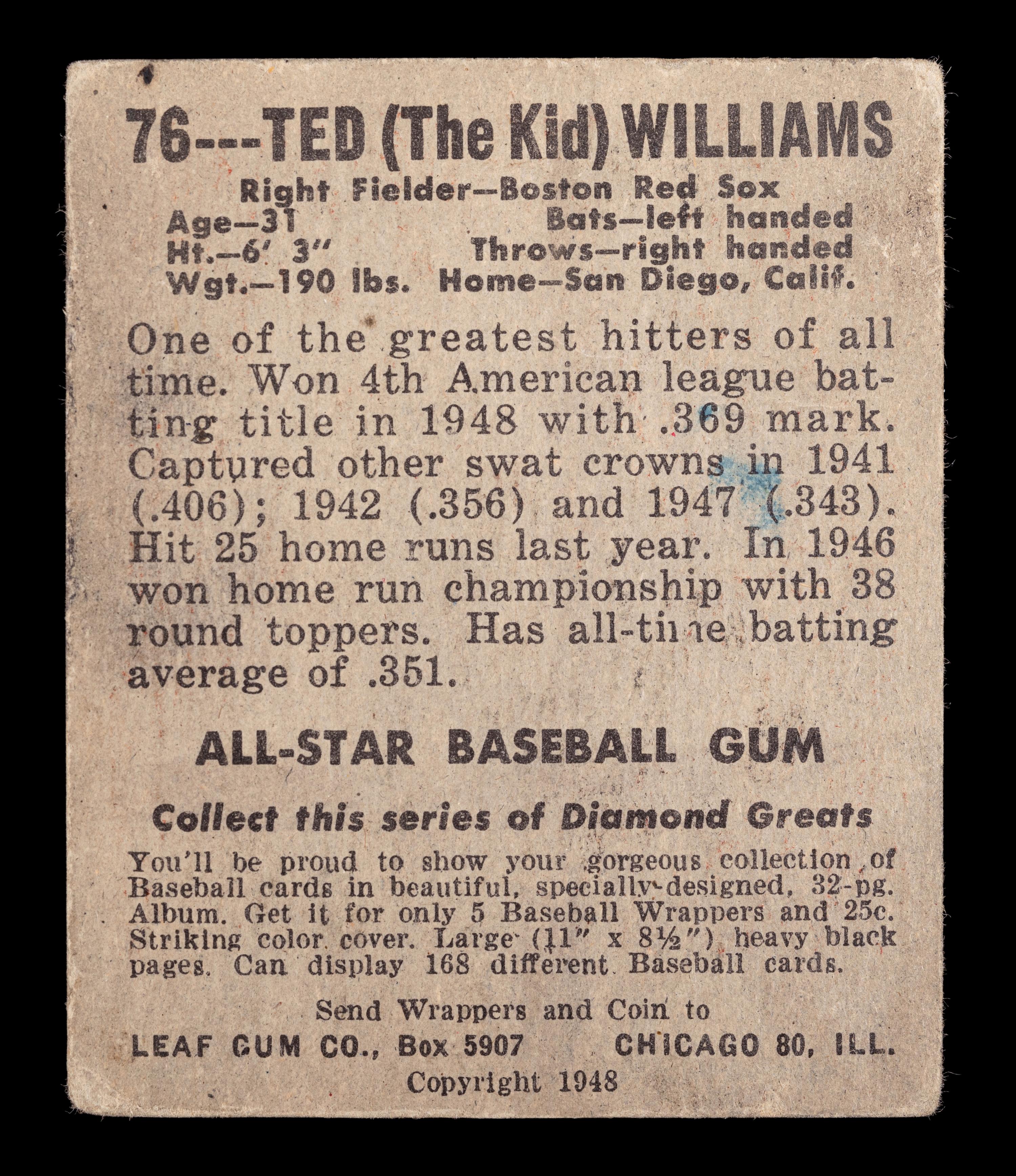 A 1948 Leaf Ted Williams Baseball Card No. 76 (PSA Authentic),