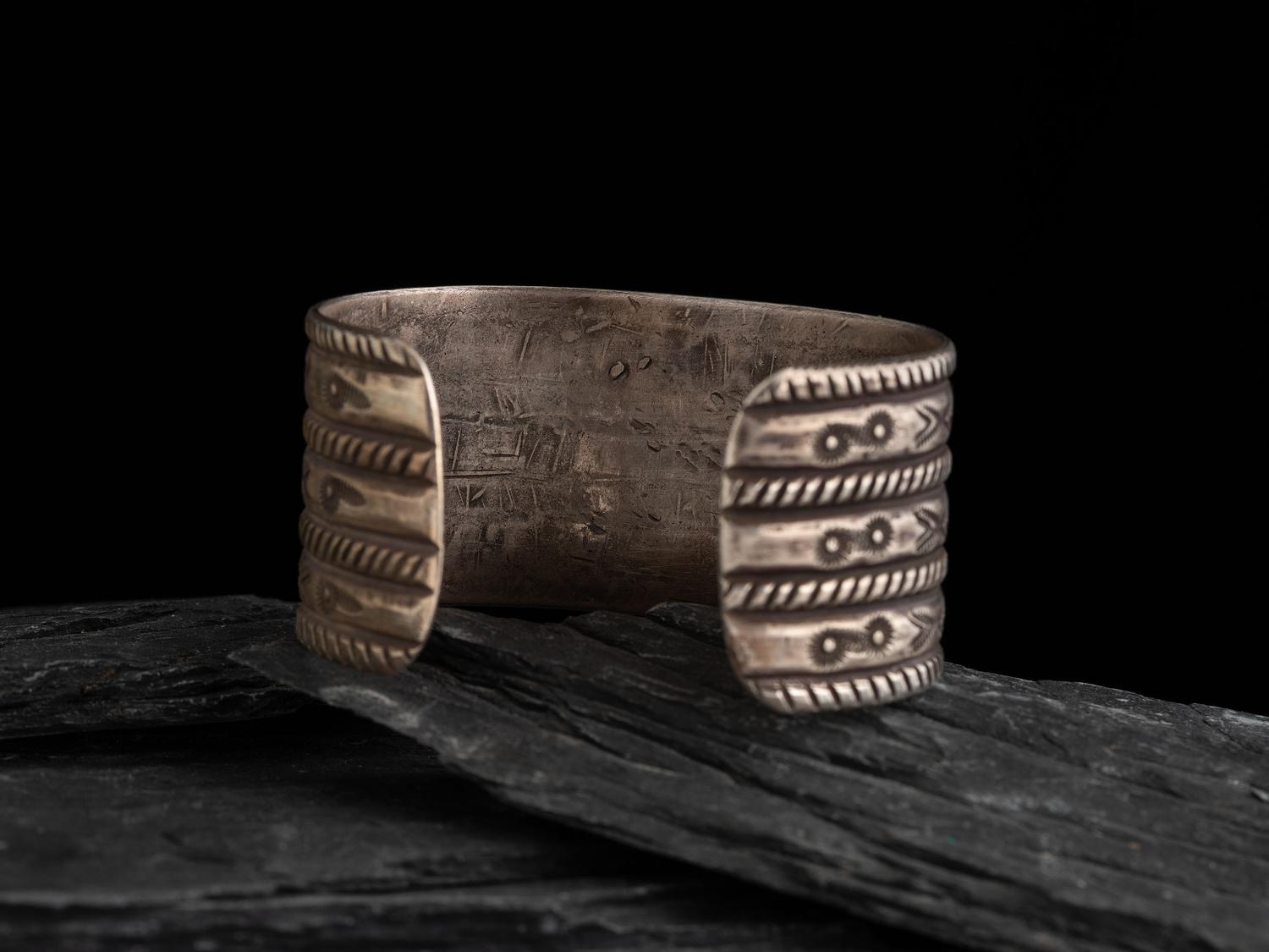 Navajo Stamped Silver and Turquoise Cuff Bracelet