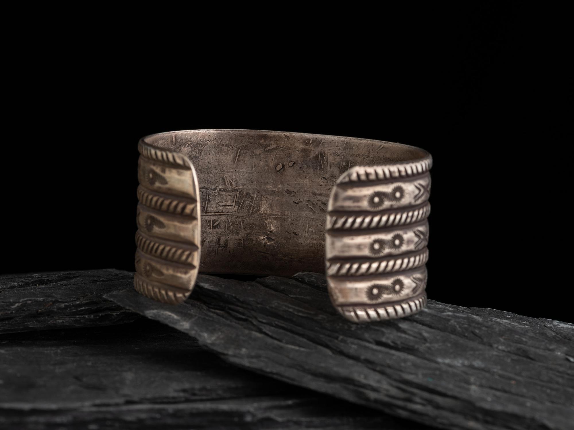 Navajo Stamped Silver and Turquoise Cuff Bracelet
