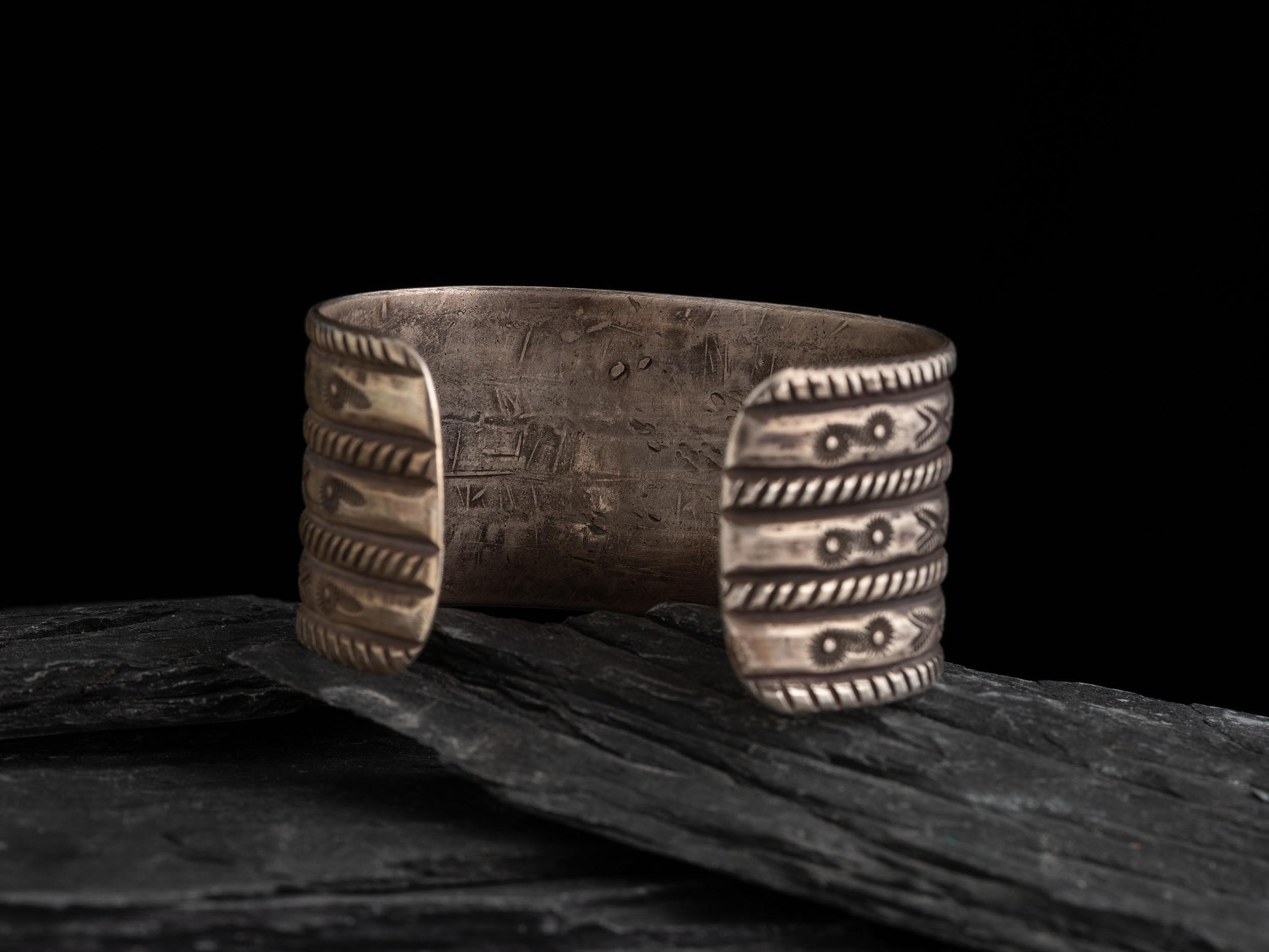 Navajo Stamped Silver and Turquoise Cuff Bracelet