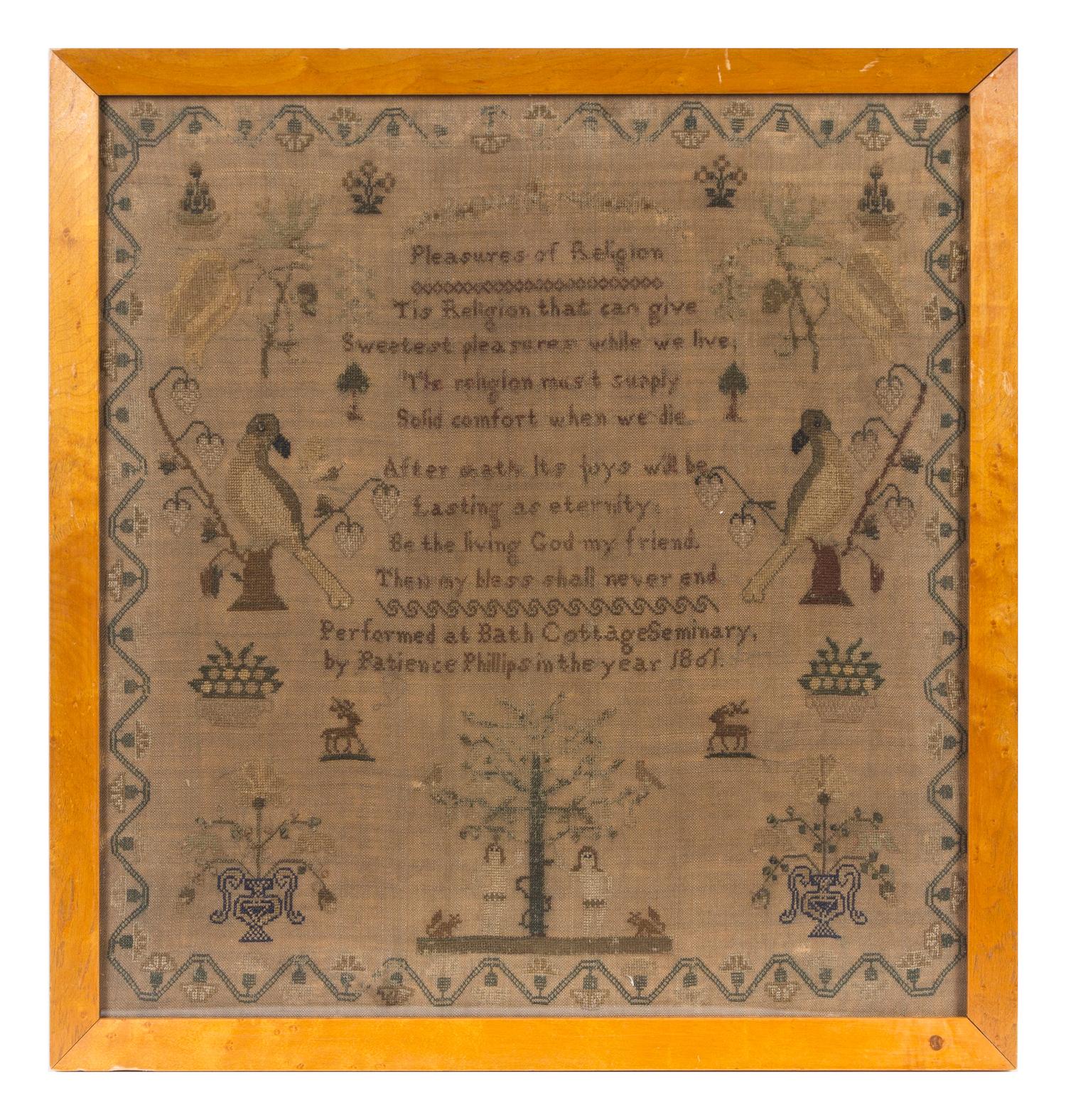 An English Needlepoint Sampler Frame: 18 1/2 x 17 1/2 inches. — PATIENCE PHILLIPS, DATED 1861