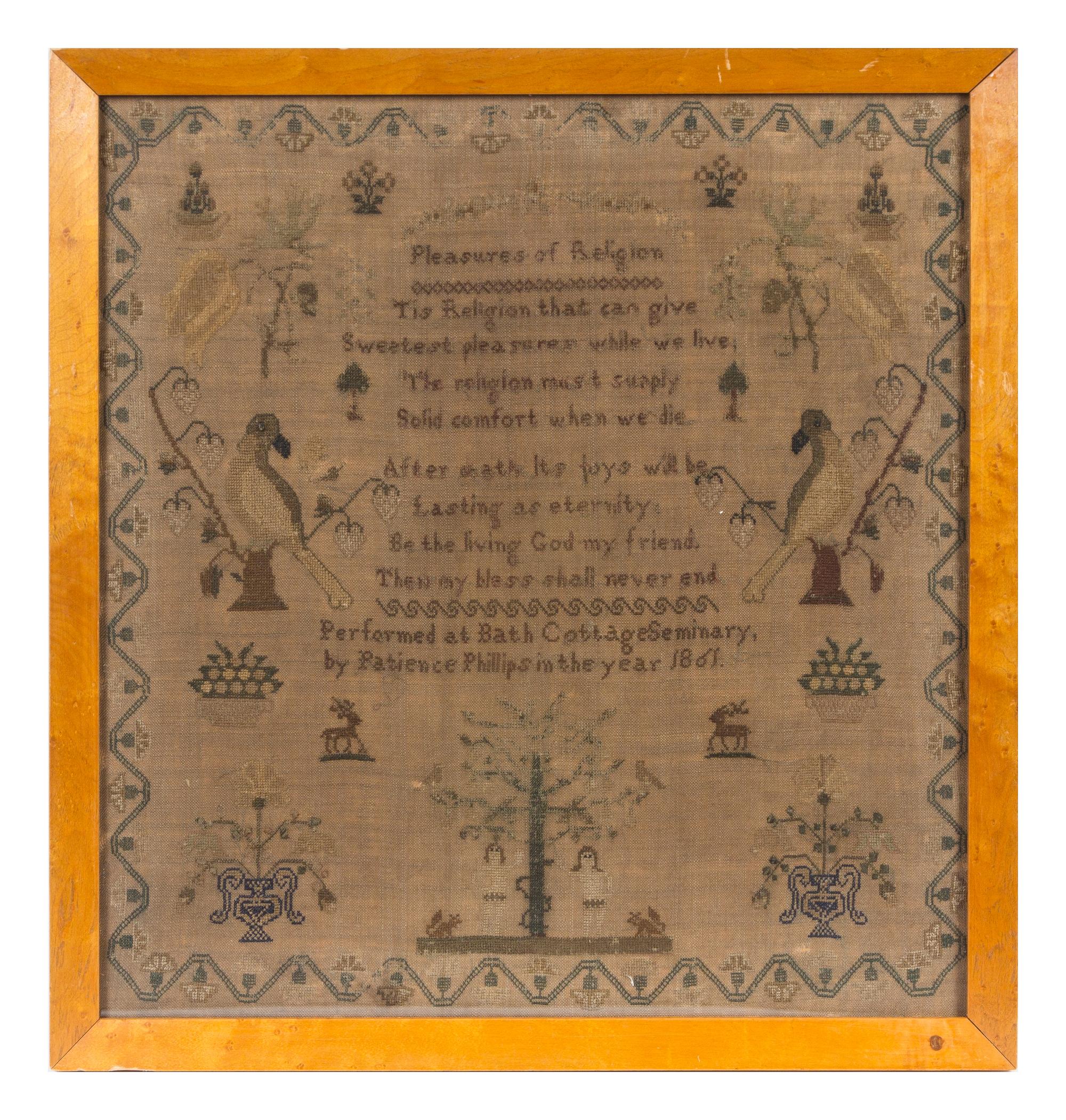 An English Needlepoint Sampler Frame: 18 1/2 x 17 1/2 inches. — PATIENCE PHILLIPS, DATED 1861