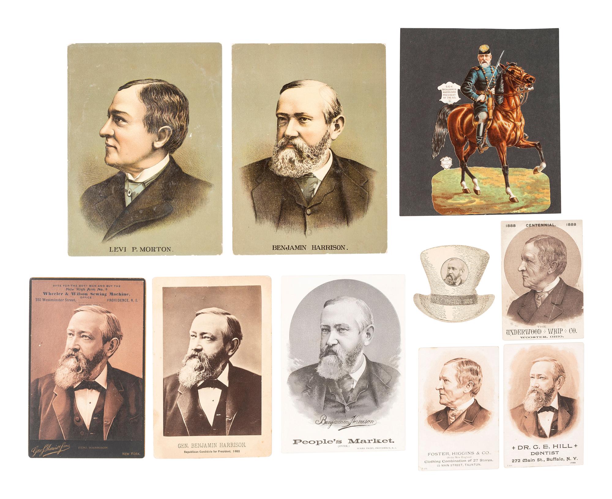 [1888 ELECTION] -- [HARRISON, Benjamin] -- [CLEVELAND, Grover]. A group of fans, covers, cabinet cards, and other ephemera related to the 1888 presidential election, including: