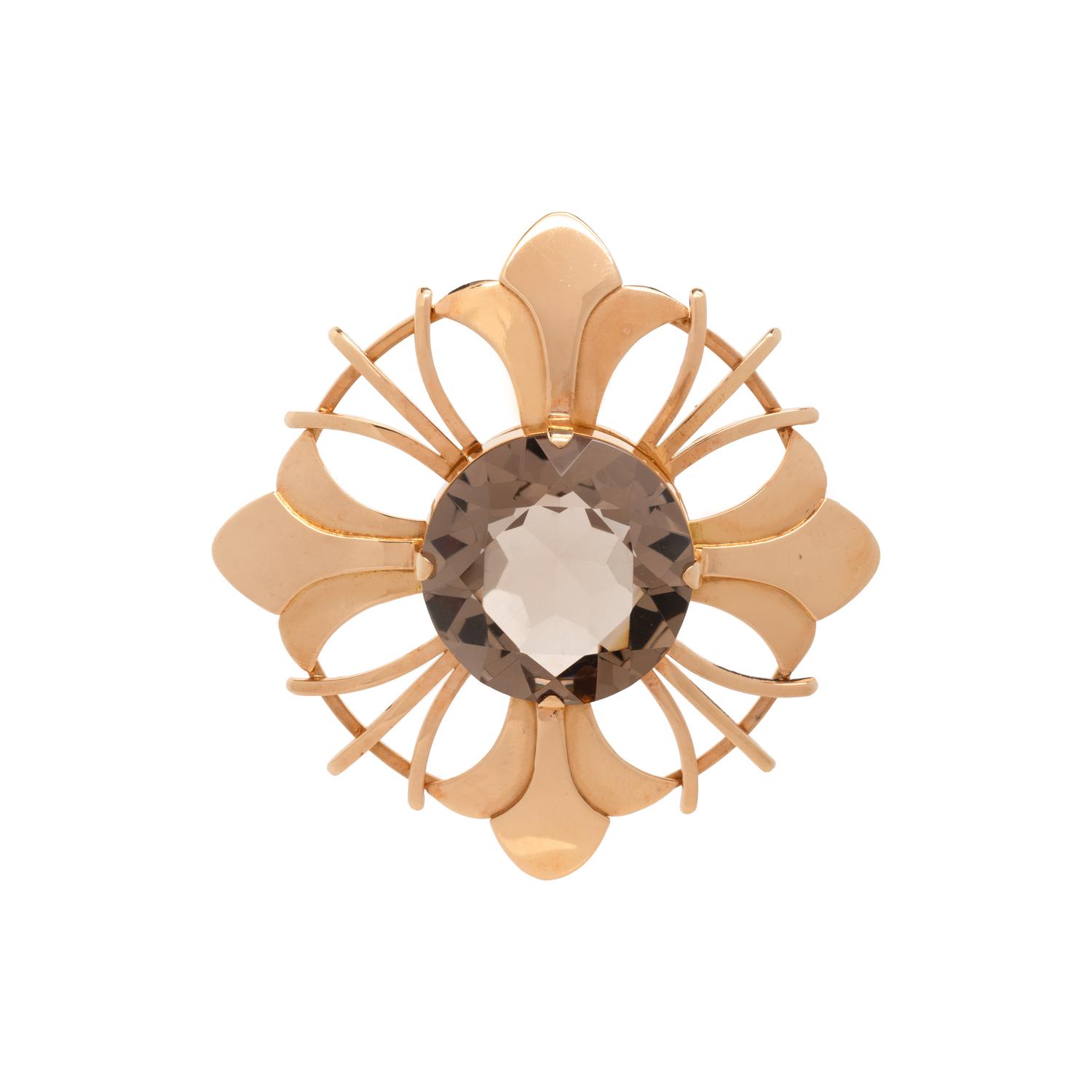 YELLOW GOLD AND SMOKEY QUARTZ BROOCH