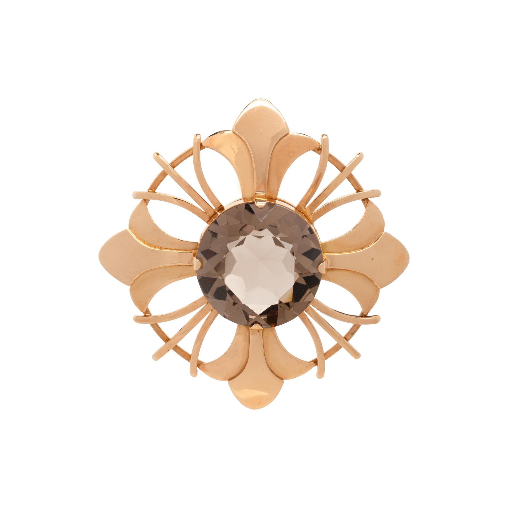 YELLOW GOLD AND SMOKEY QUARTZ BROOCH