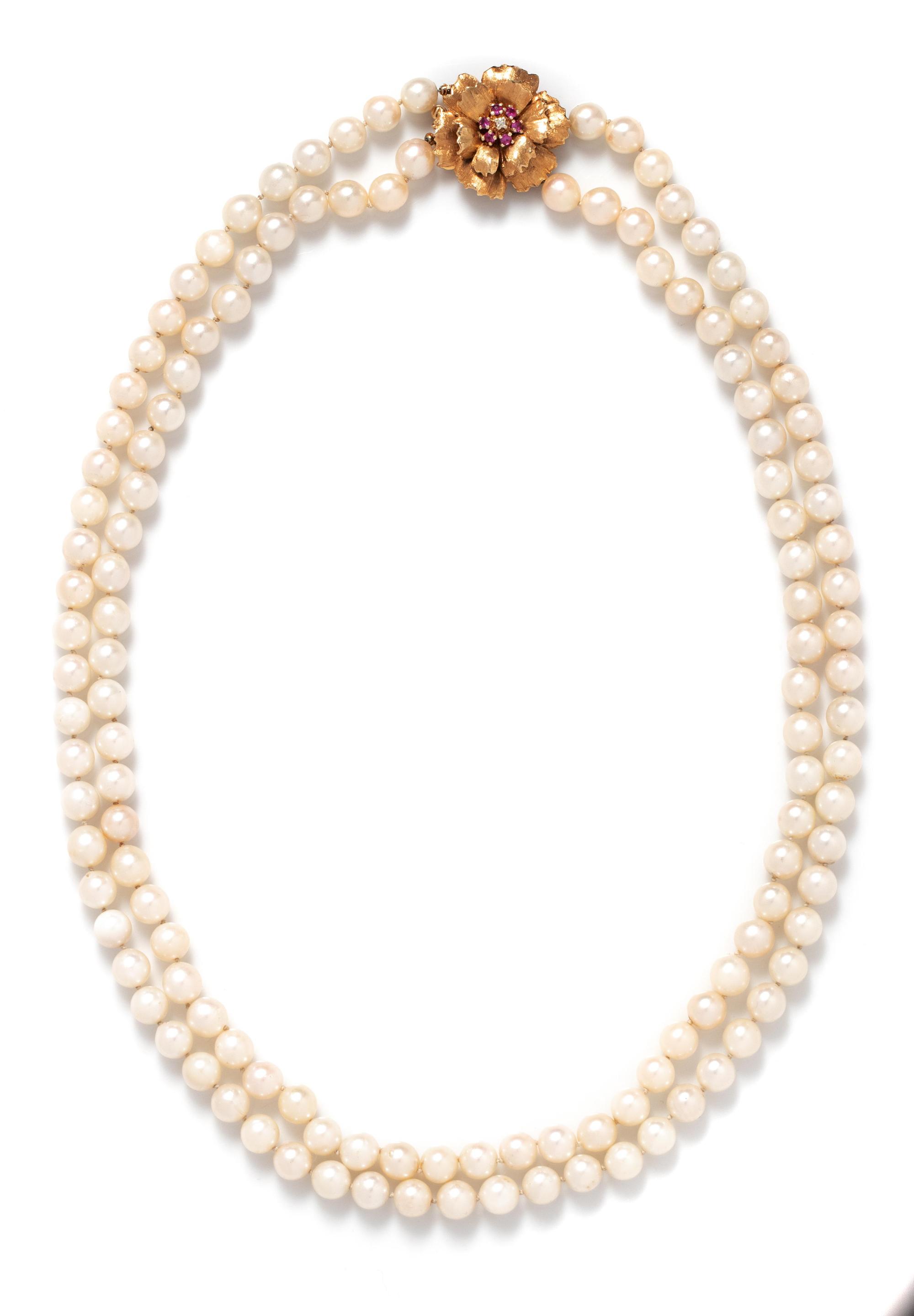 CULTURED PEARL, DIAMOND AND RUBY NECKLACE