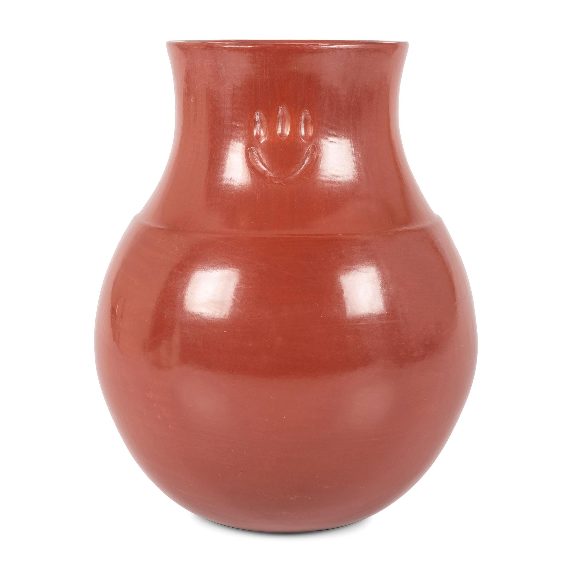 Polished Redware Pottery Jar, with Two Incised Bear Paws