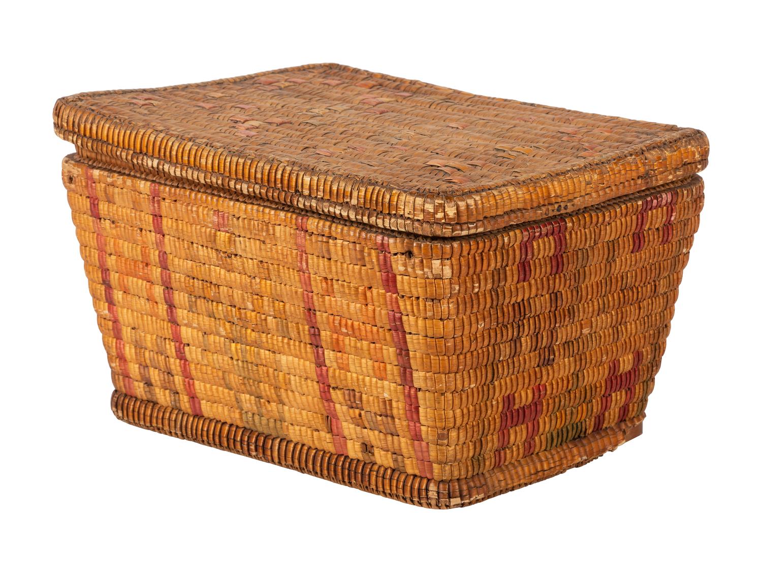 Salish Imbricated Basketry Trunk, With Lid