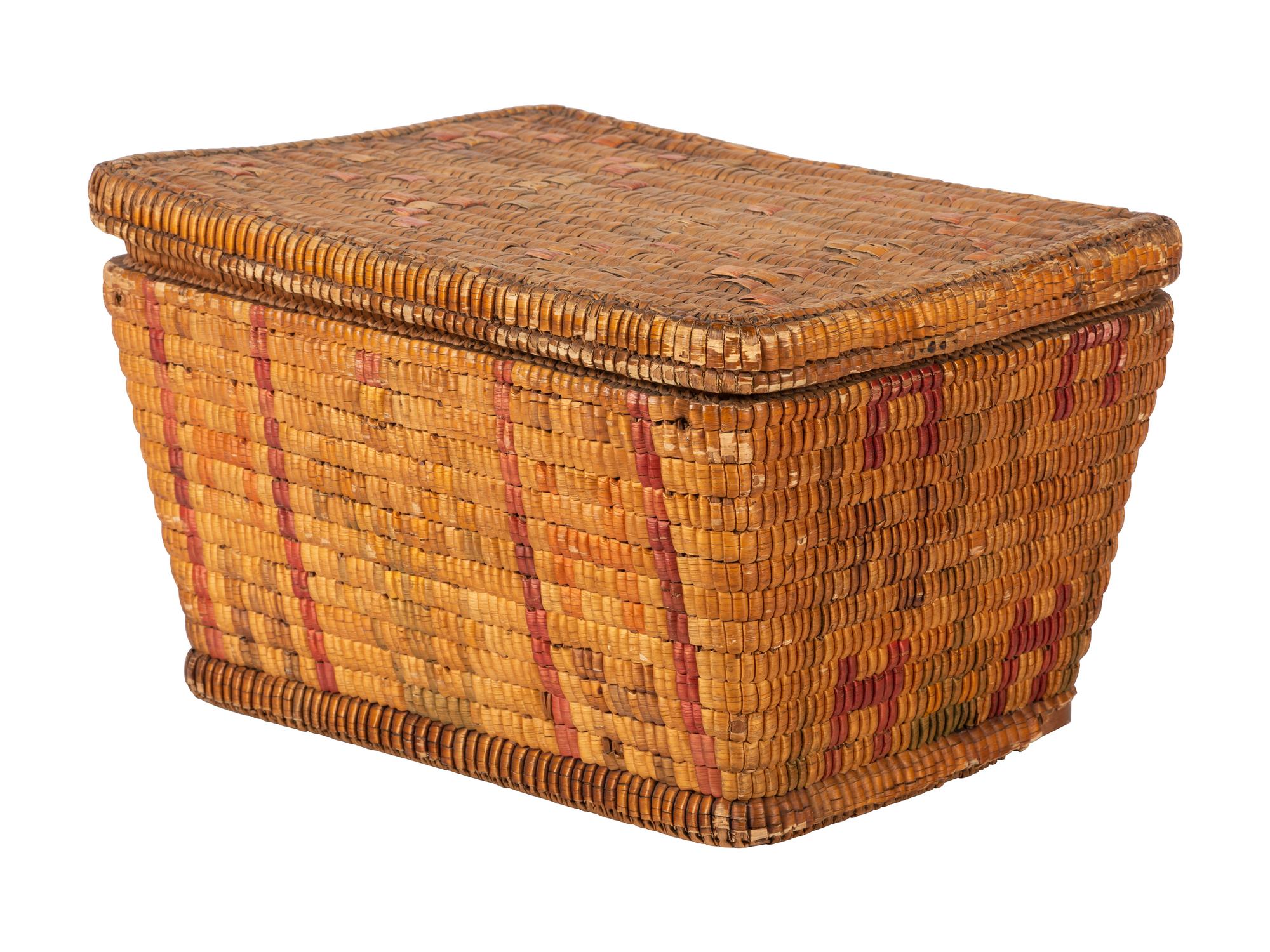 Salish Imbricated Basketry Trunk, With Lid