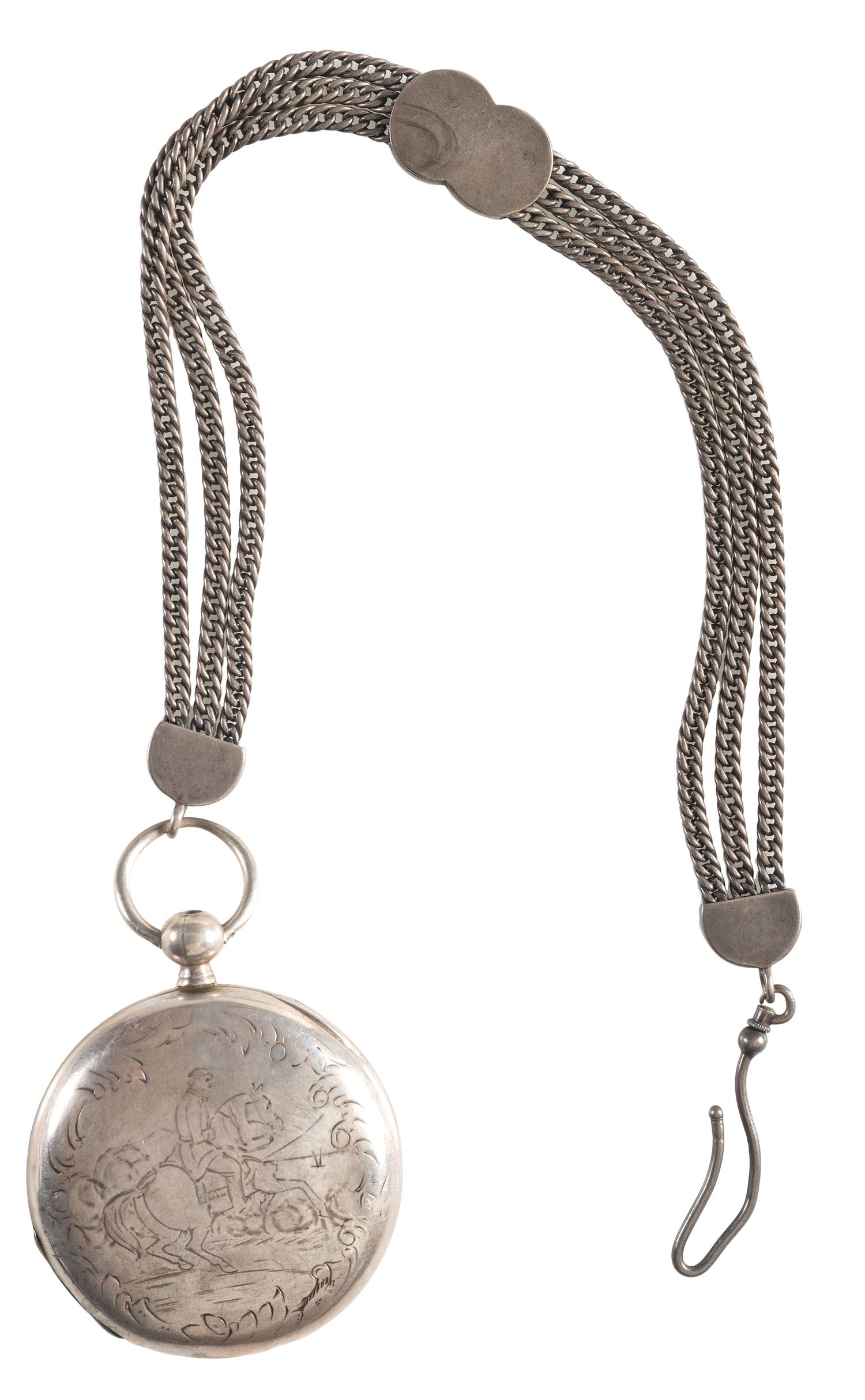 Silver patent lever pocket watch engraved with cavalry scenes.