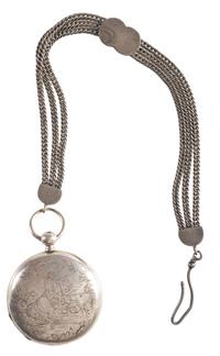 Silver patent lever pocket watch engraved with cavalry scenes.