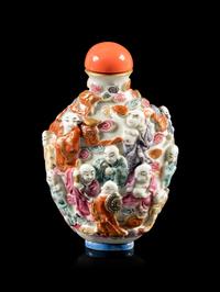 A Famille Rose Molded Porcelain 'Luohan' Snuff Bottle