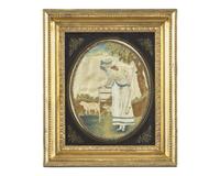 A George III Needlework Picture Depicting a Shepherdess with Sheep