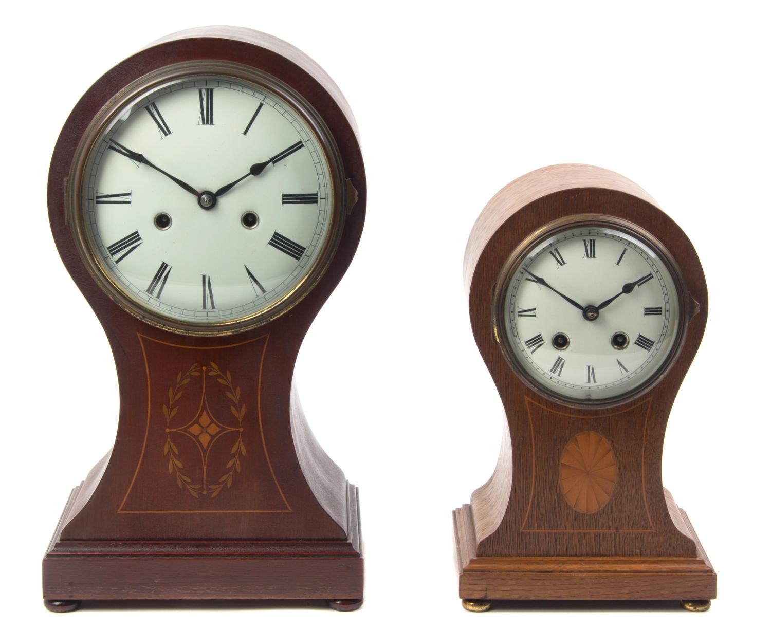 Two Edwardian Style Mahogany Balloon Clocks, Height of first 15 inches.