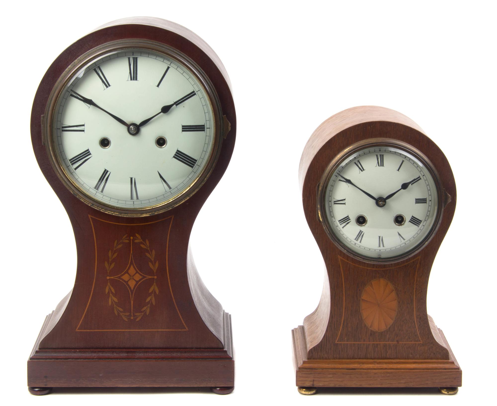 Two Edwardian Style Mahogany Balloon Clocks, Height of first 15 inches.