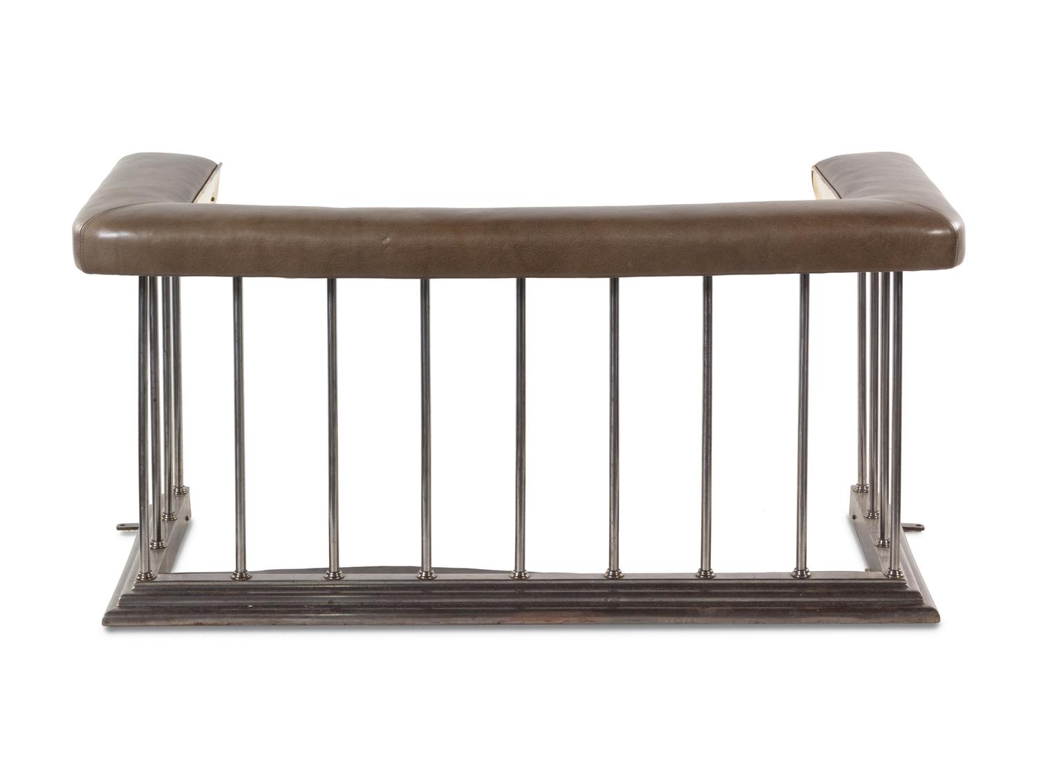 A Chromed Metal and Leather-Upholstered Fireplace Bench and a Brass Fire Fender