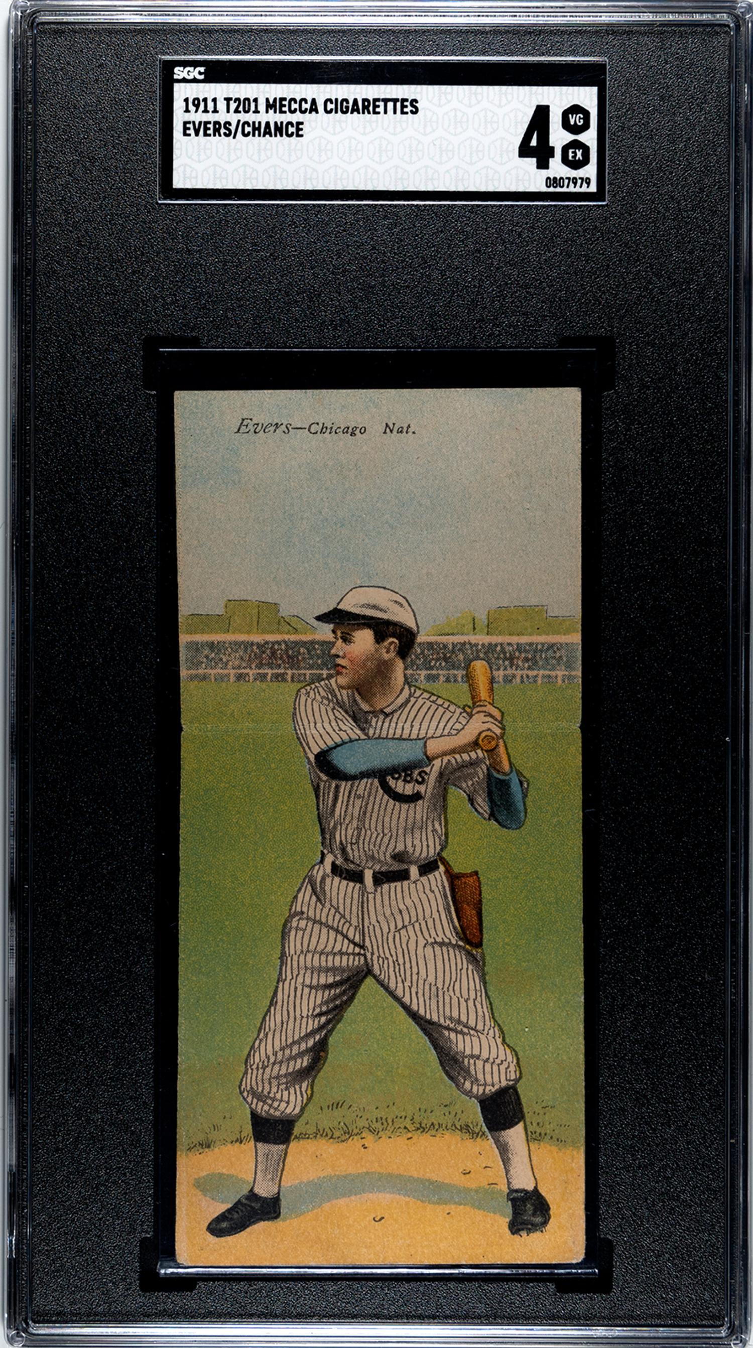 A 1911 Mecca Cigarettes T201 John Evers / Frank Chance Double Folder Baseball Card (SGC 4 VG/EX)