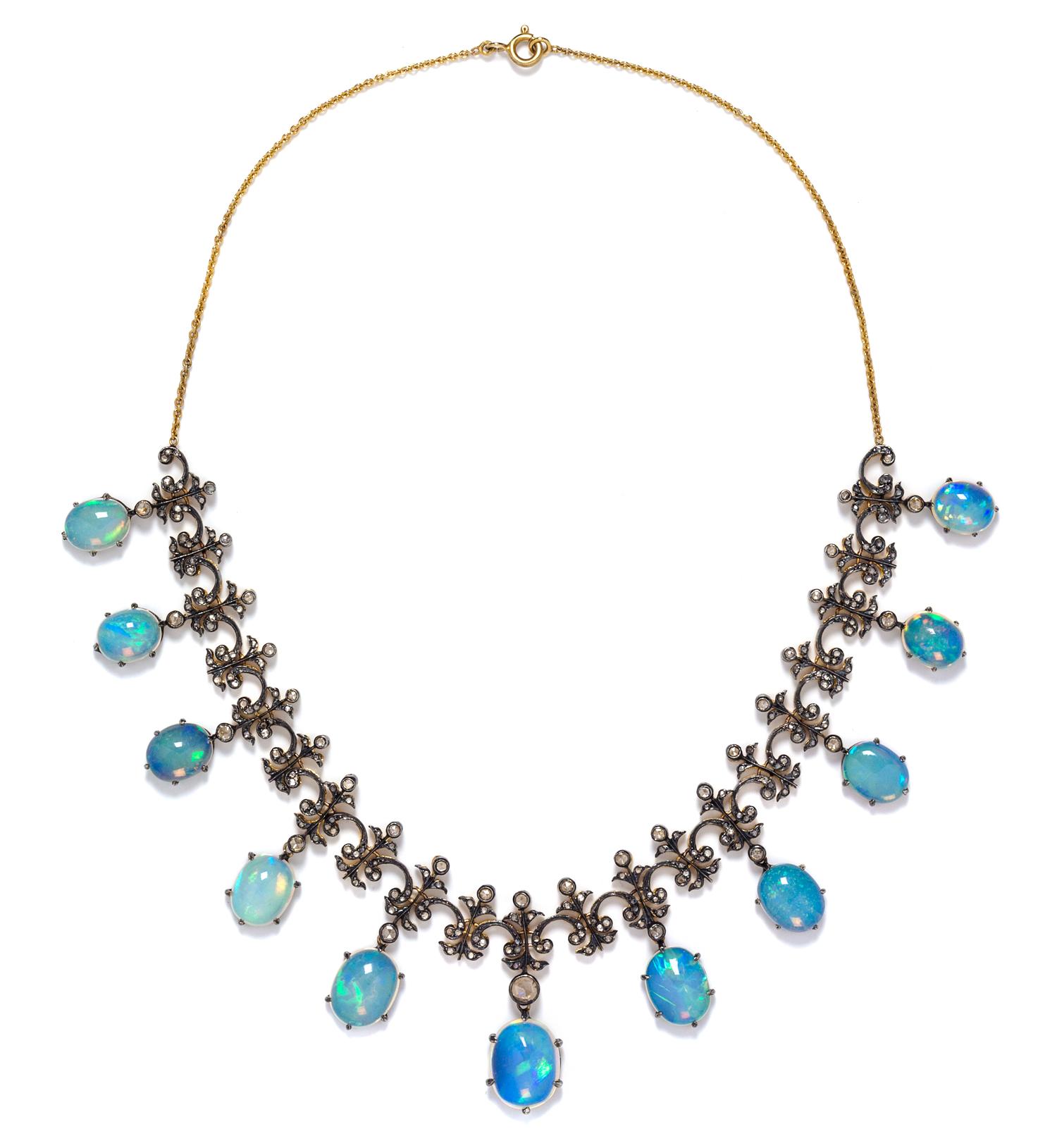 A Silver Topped Gold, Opal and Diamond Fringe Necklace, 21.00 dwts.