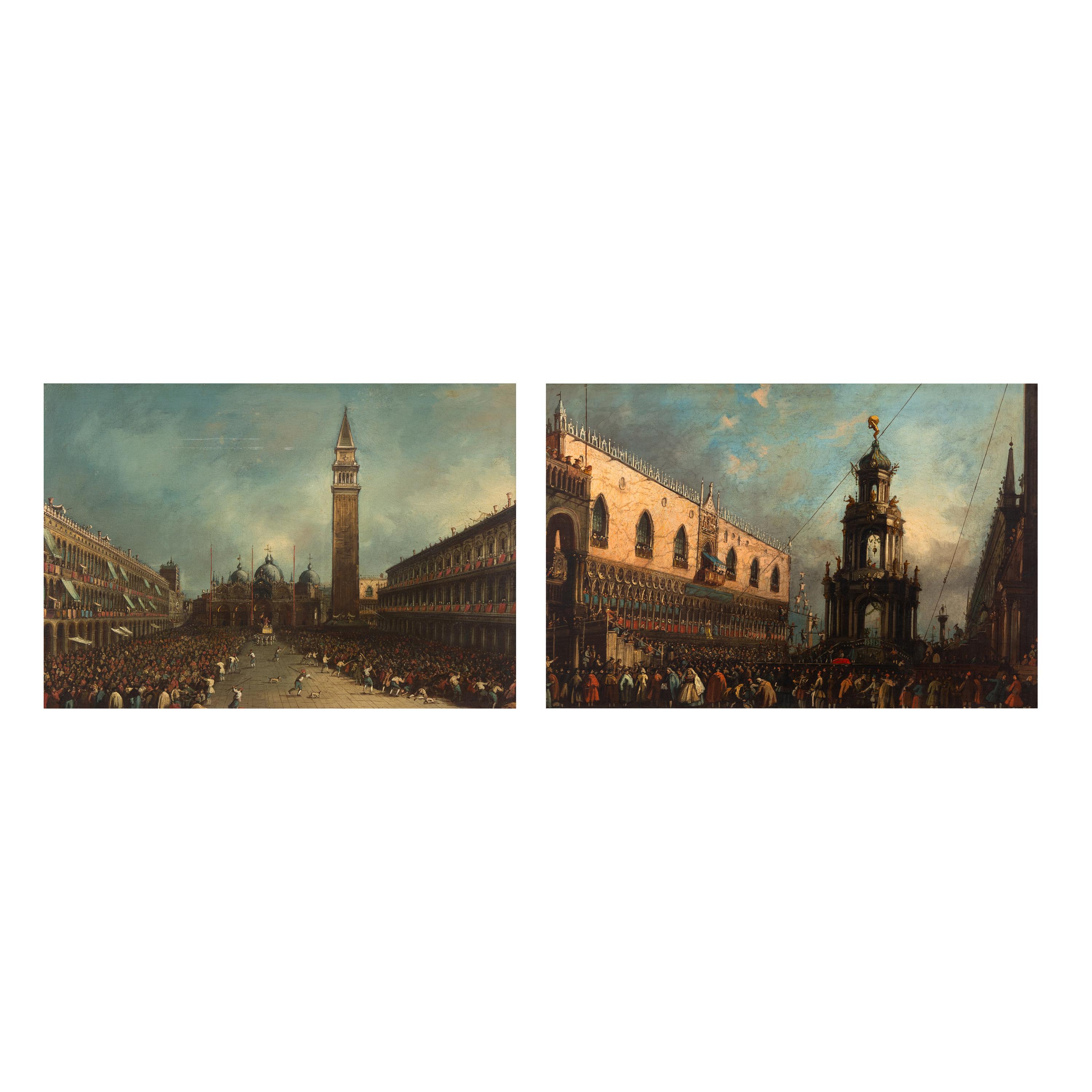 After Francesco Guardi (Italian, 1712-1793) — The Doge of Venice Attends the Shrove Thursday Festivities on the Piazzetta and The Doge of Venice Carried by Gondoliers after His Election in St. Mark's Square (a pair)