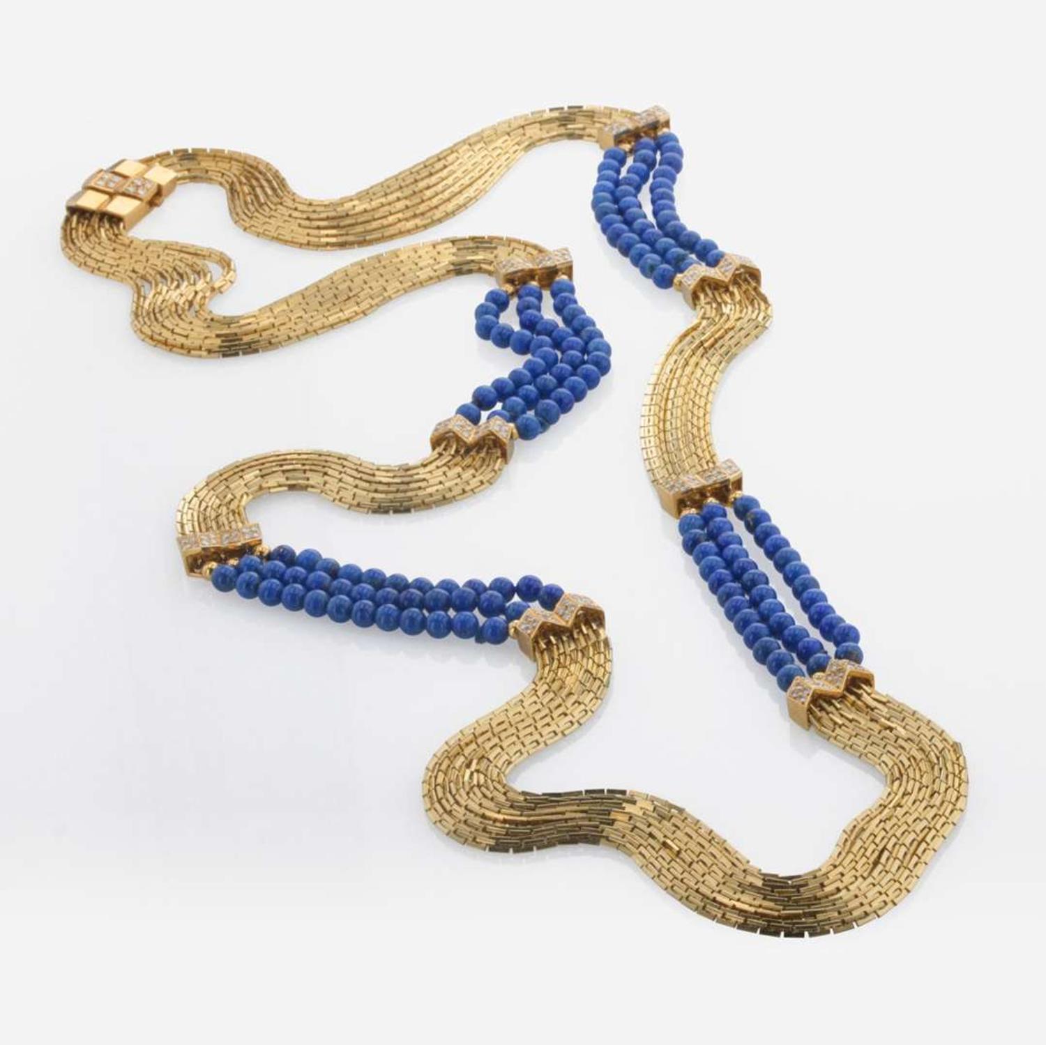 An 18K Gold Lapis Lazuli Multi-Strand Diamond Necklace Marsha Breslow