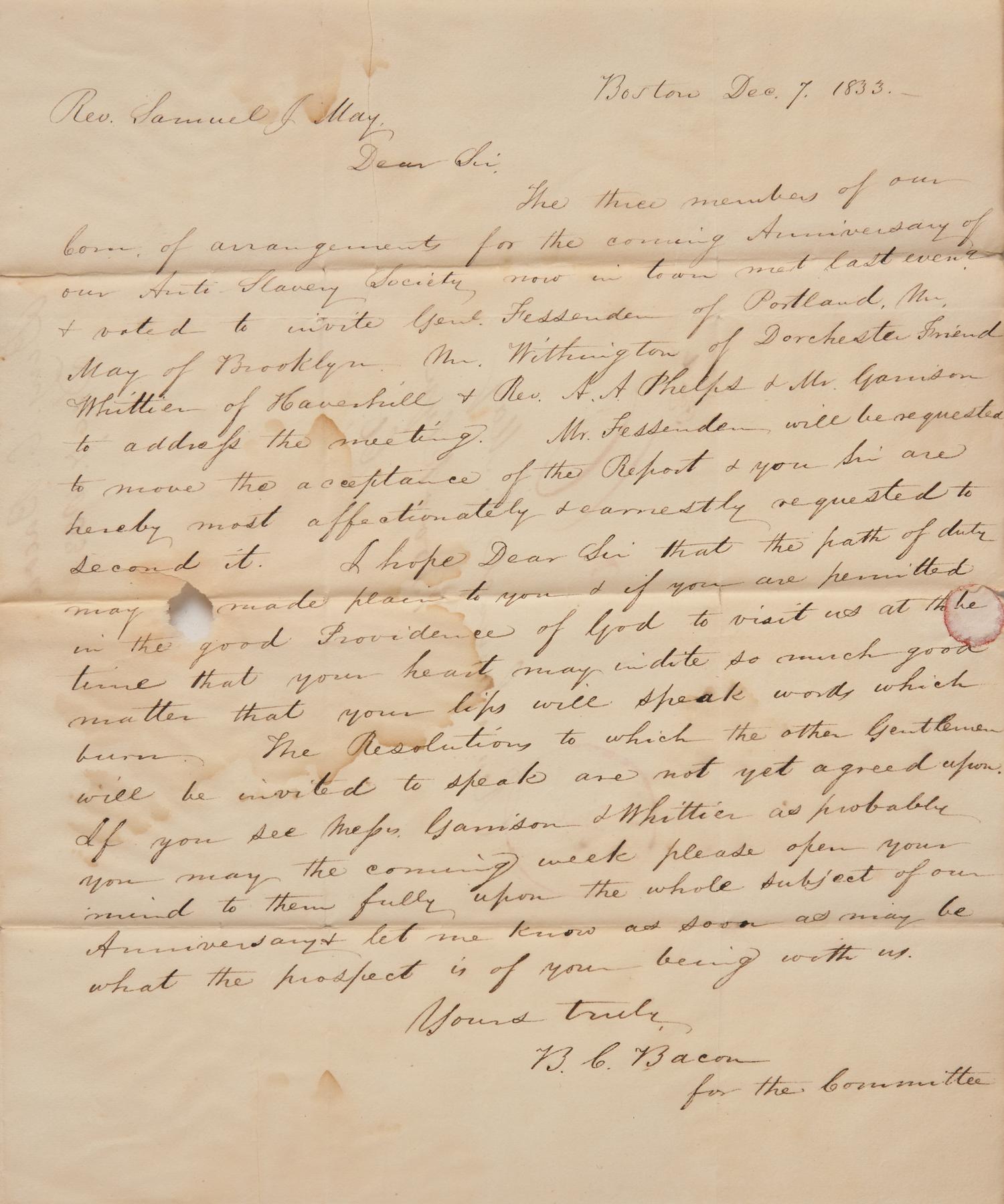 [African-Americana] Bacon, Benjamin C. Autograph Letter, signed on Printed Circular "To the friends of the colored race in the U. States."