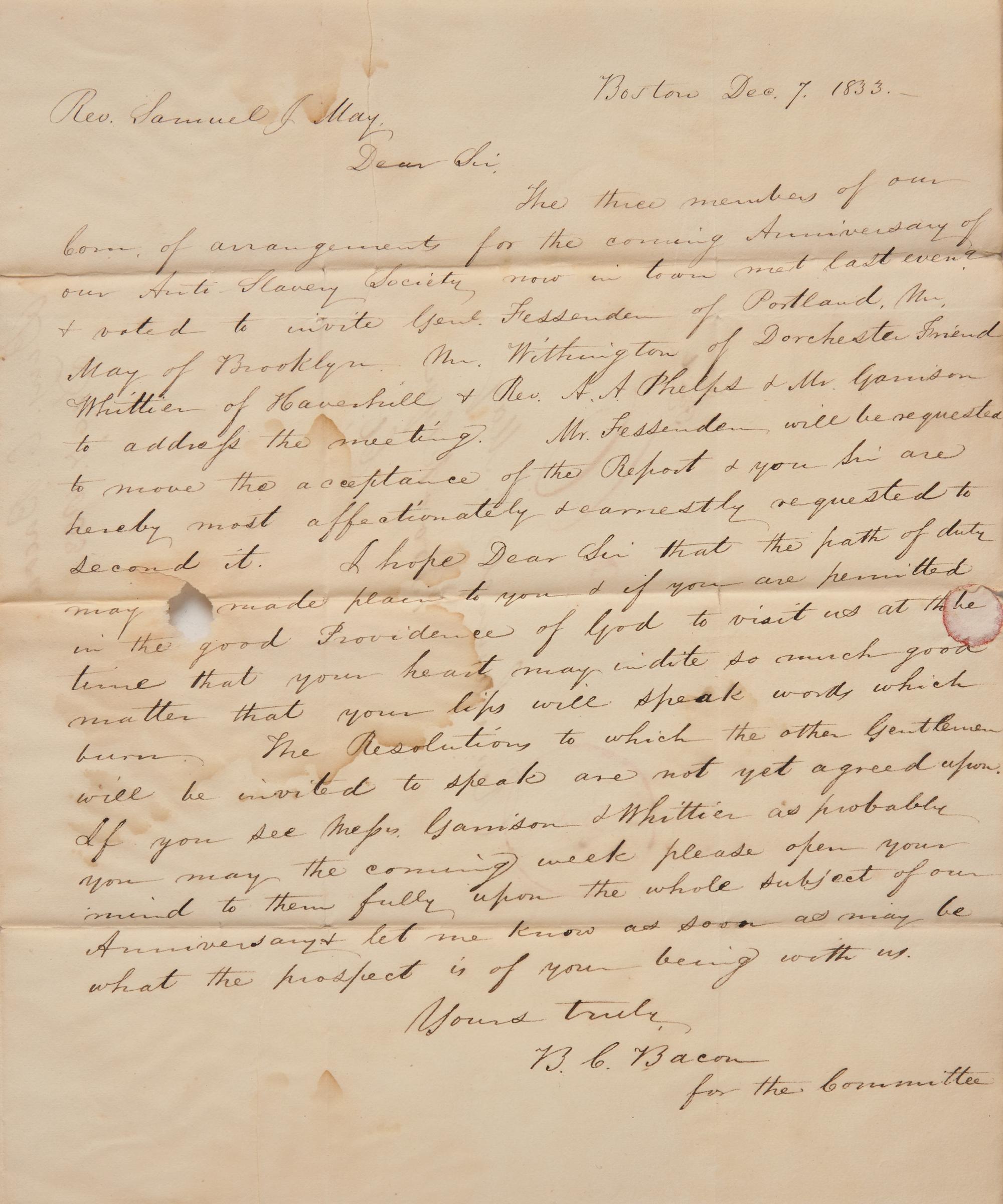 [African-Americana] Bacon, Benjamin C. Autograph Letter, signed on Printed Circular "To the friends of the colored race in the U. States."