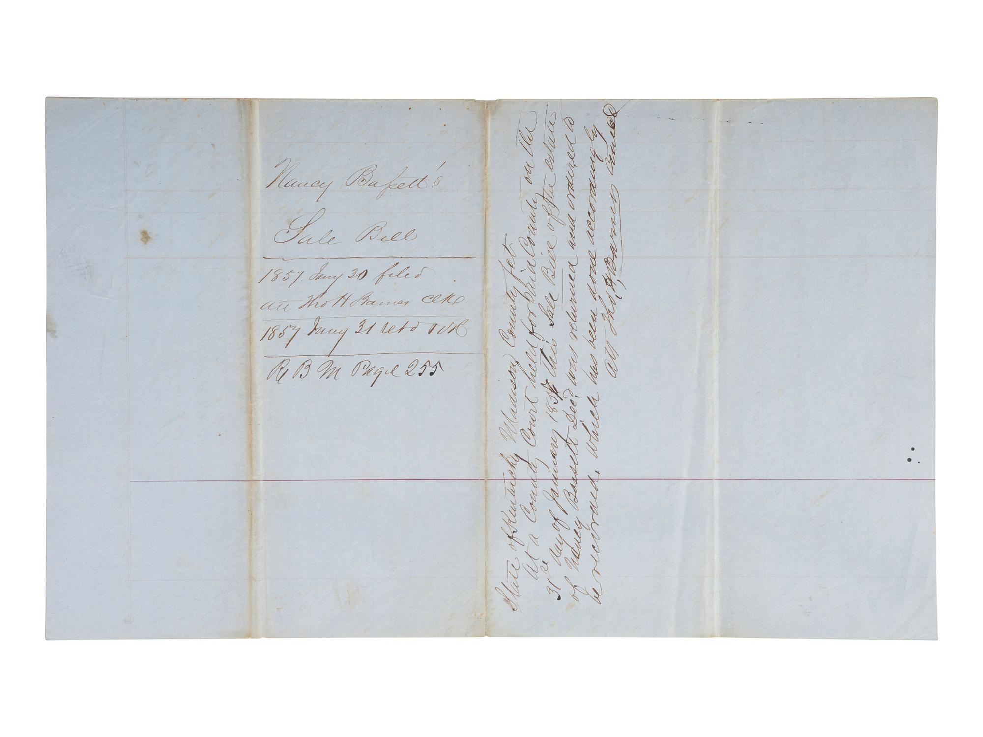 [ENSLAVEMENT & ABOLITION]. Manuscript document recording land rental, hiring of enslaved persons, and sale of the personal property from the estate of Nancy Bassett. Madison County, KY, 5 March 1856.